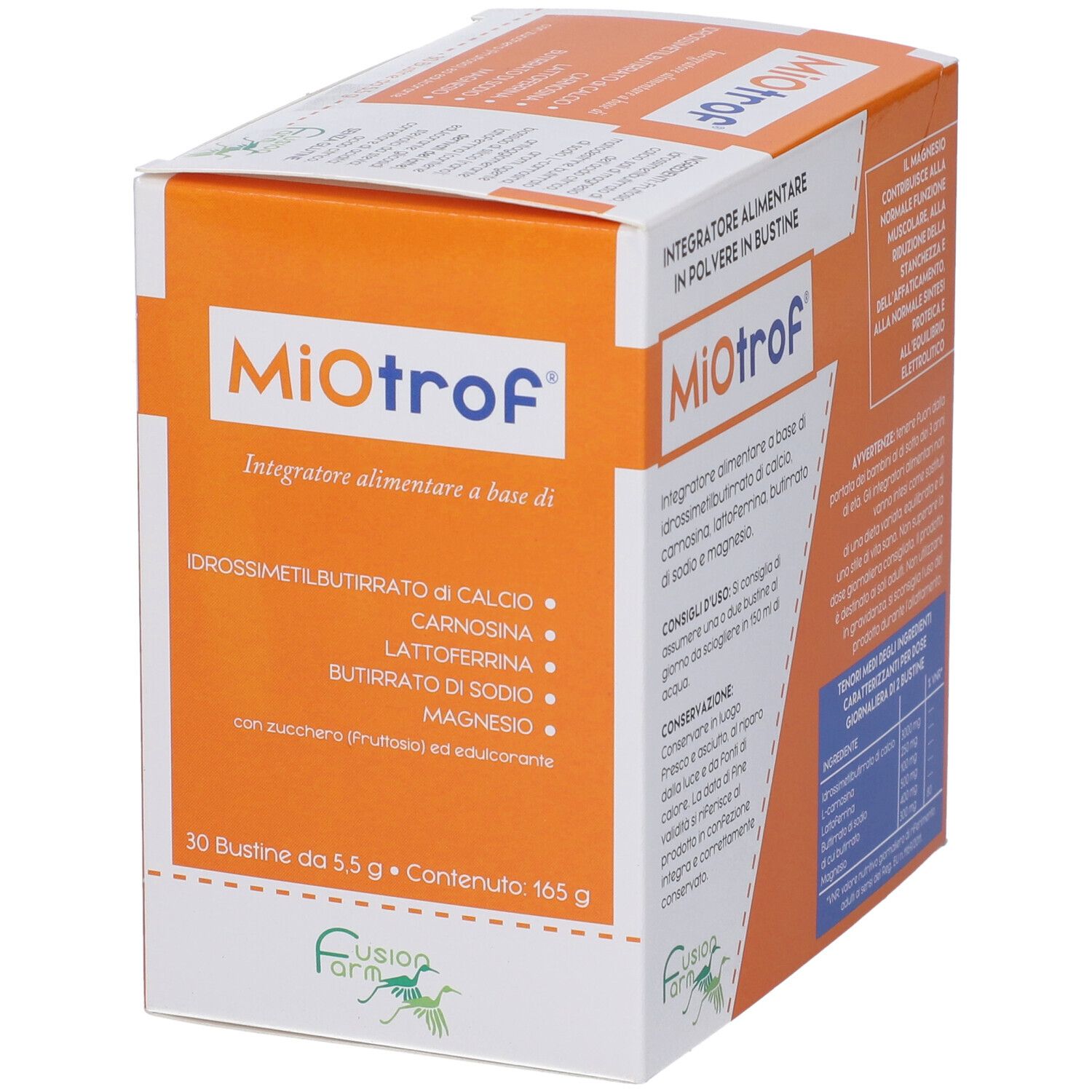 Scatola arancione Miotrof. 30 bustine. Scritto: Integratore alimentare in polvere in bustine.