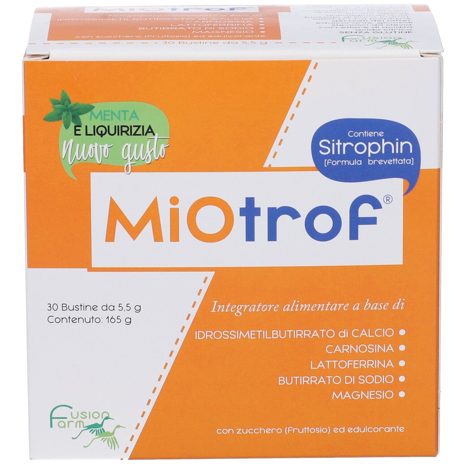 Scatola arancione Miotrof. 30 bustine. Gusto menta e liquirizia. Contiene Sitrophin.