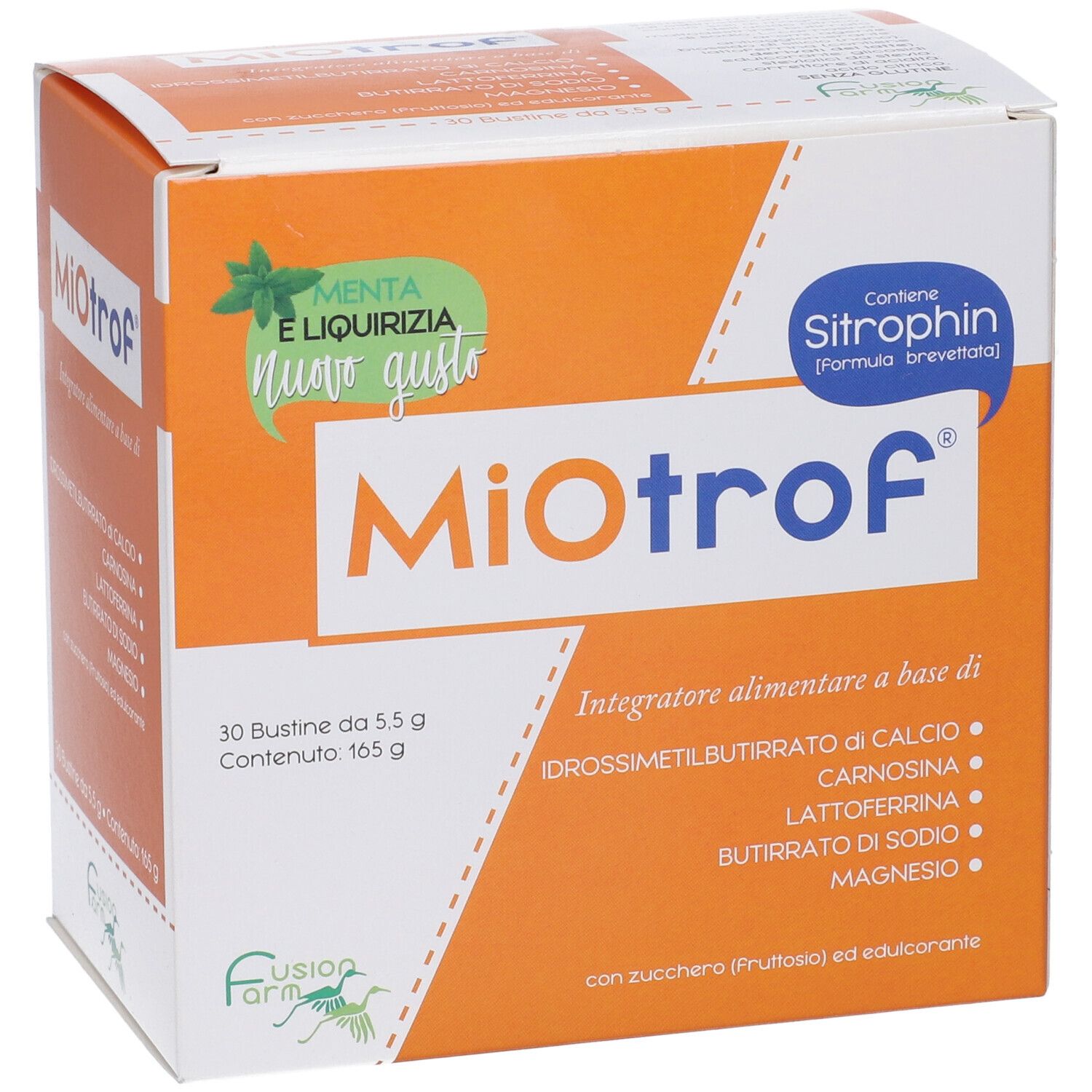 Scatola arancione Miotrof. 30 bustine. Gusto menta e liquirizia. Contiene Sitrophin.