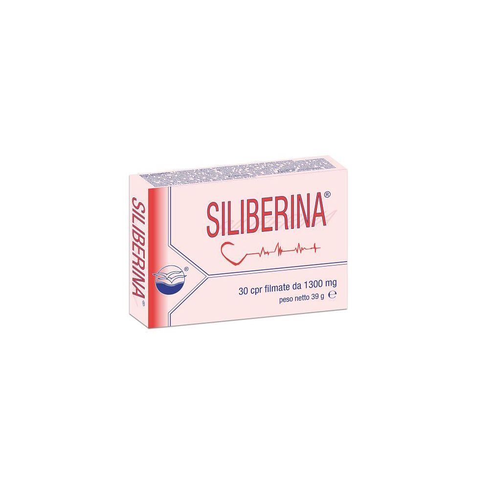 Scatola "Siliberina". 30 compresse filmate, 1300 mg, 39 g. Confezione bianca, rossa e blu.