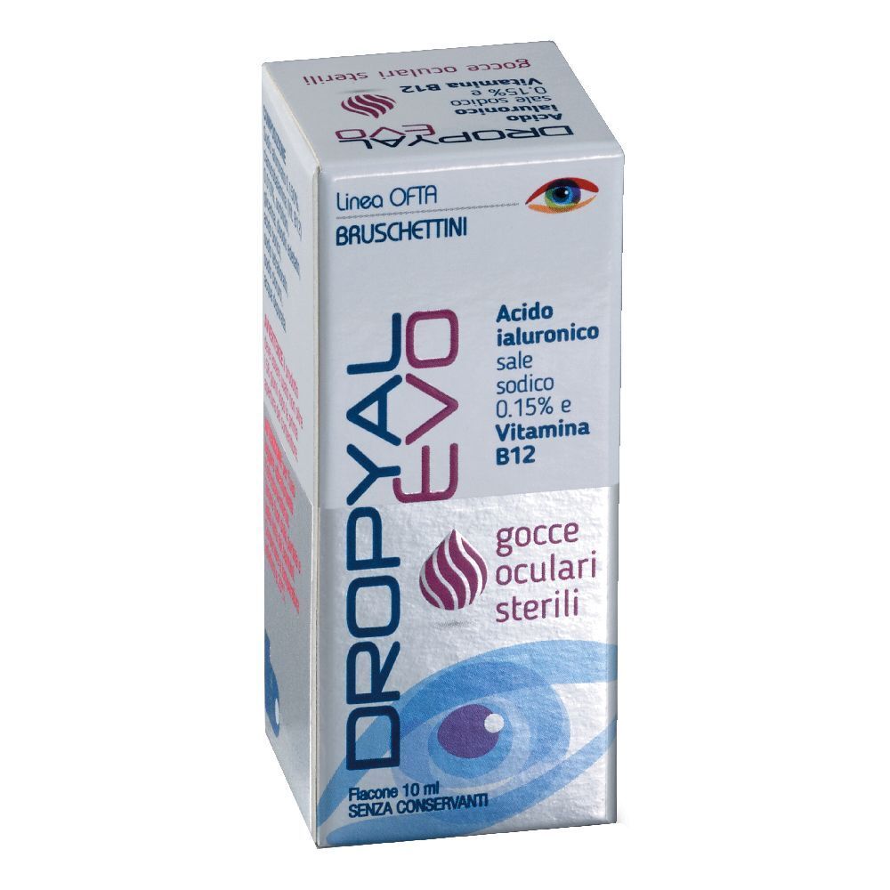 Scatola di Dropyal Evo Gocce Oculari Sterili. Contiene informazioni sugli ingredienti e il marchio. Bianca, blu e rosa.