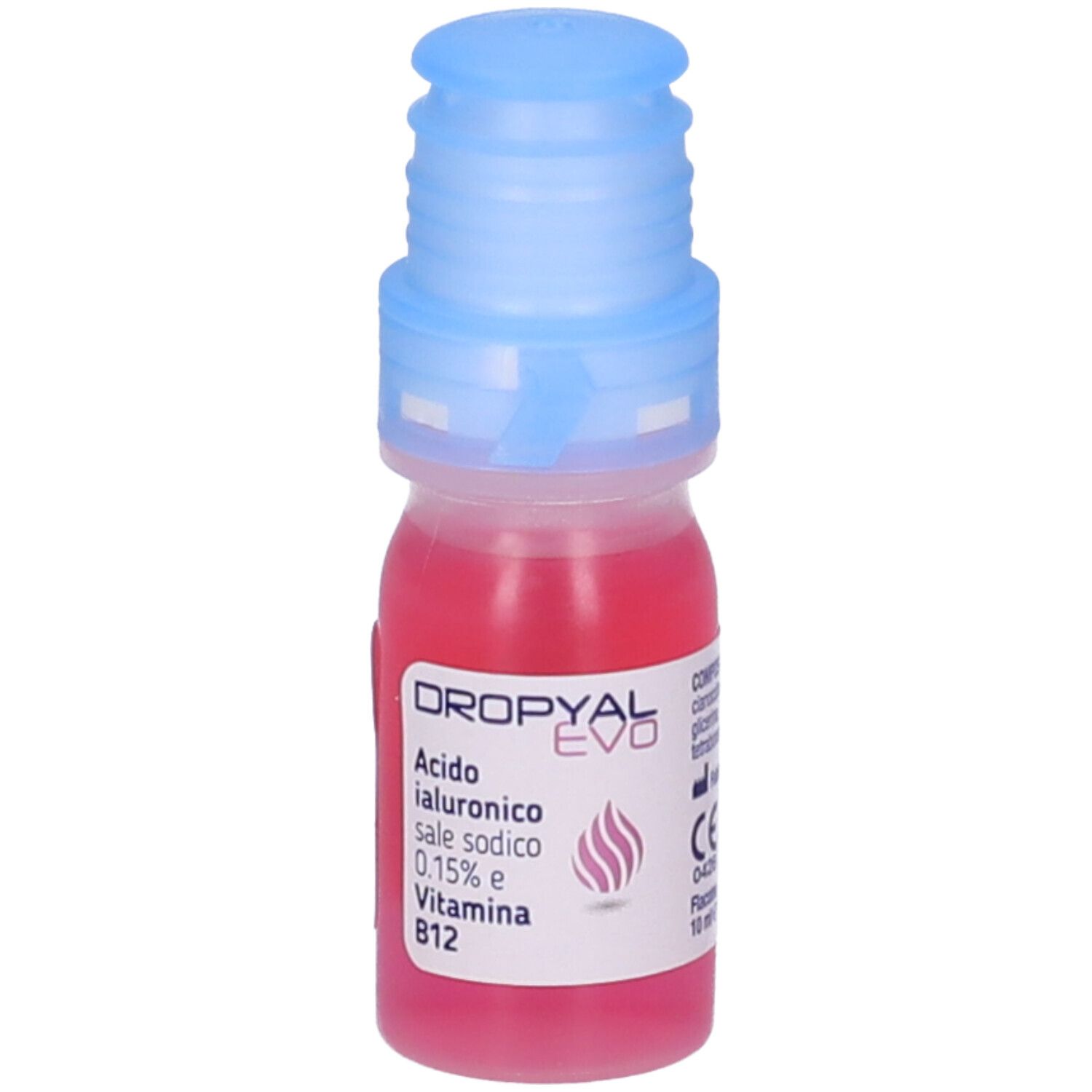 Piccola bottiglia di Dropyal Evo Gocce Oculari Sterili. Liquido rosso, tappo blu. Contiene informazioni sugli ingredienti.