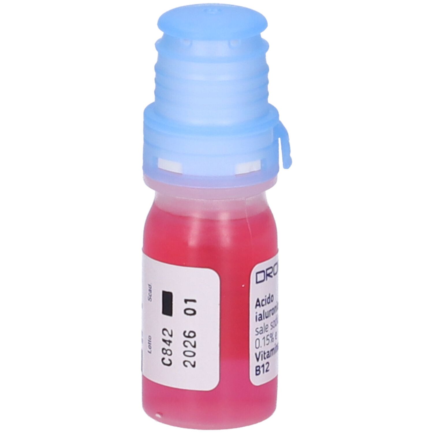 Piccola bottiglia Dropyal Evo Gocce Oculari Sterili. Liquido rosso, tappo blu. Numero di lotto e data di scadenza.