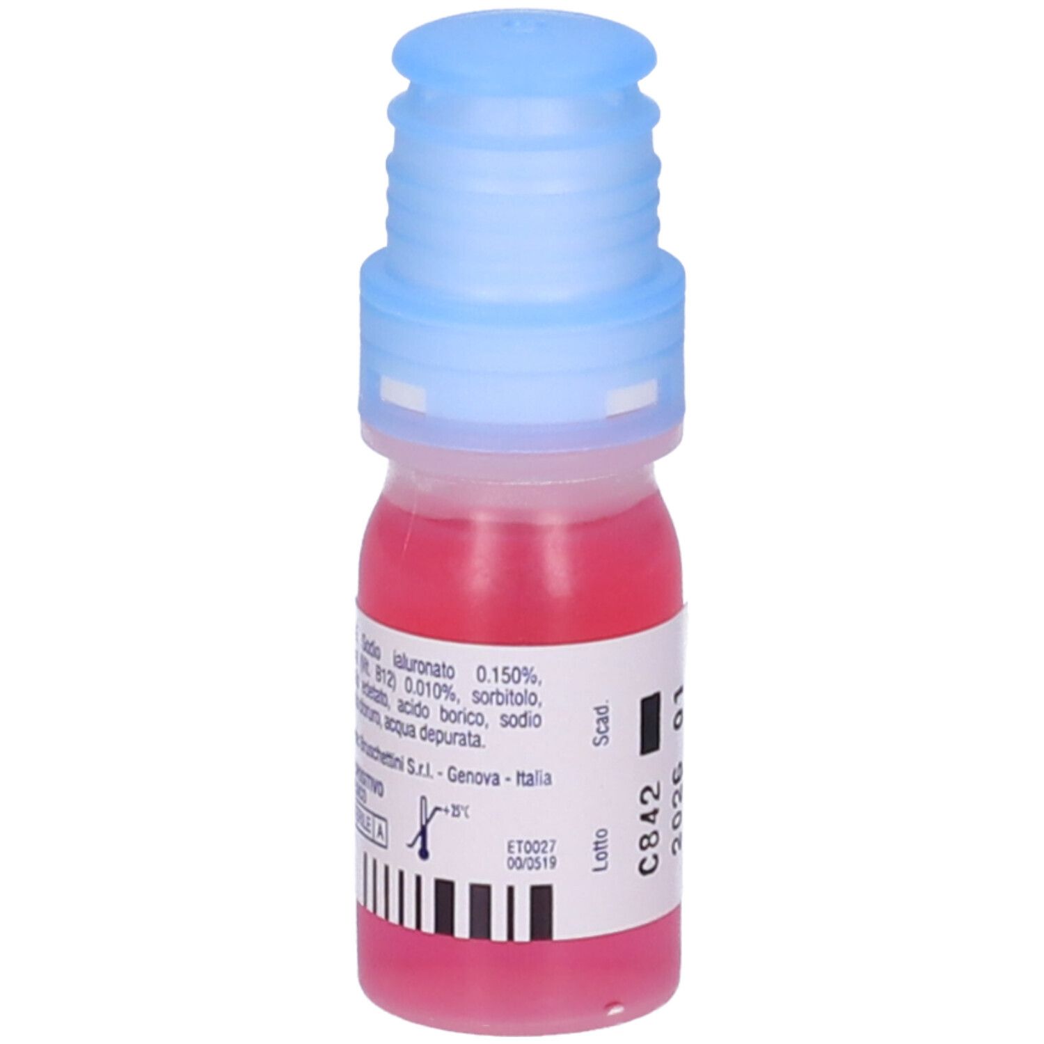 Piccola bottiglia Dropyal Evo Gocce Oculari Sterili. Liquido rosso, tappo blu. Numero di lotto e data di scadenza.
