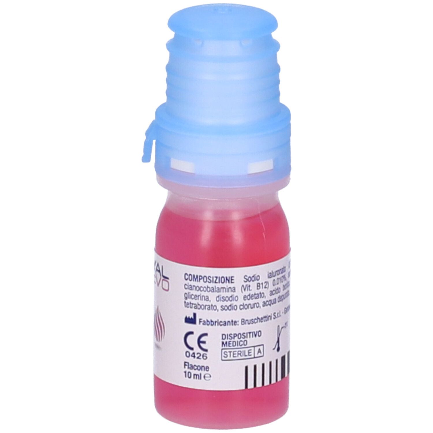 Piccola bottiglia Dropyal Evo Gocce Oculari Sterili. Liquido rosso, tappo blu. Ingredienti e marchio CE.