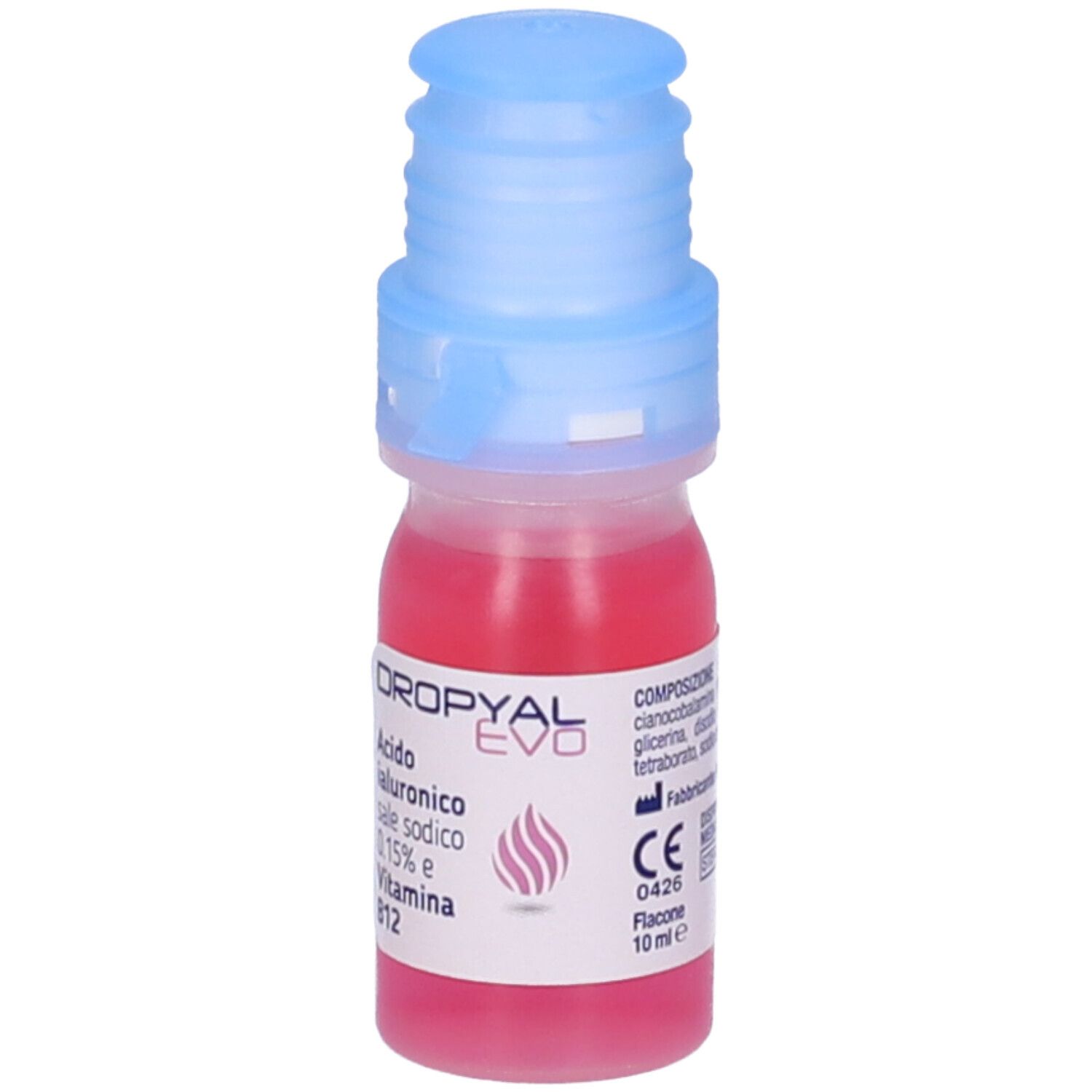 Piccola bottiglia Dropyal Evo Gocce Oculari Sterili. Liquido rosso, tappo blu. Ingredienti e marchio CE.