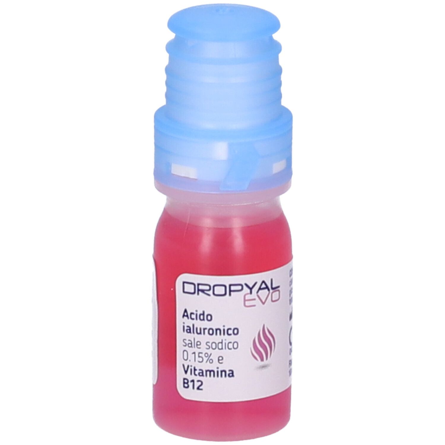 Piccola bottiglia Dropyal Evo Gocce Oculari Sterili. Liquido rosso, tappo blu. Con ingredienti.