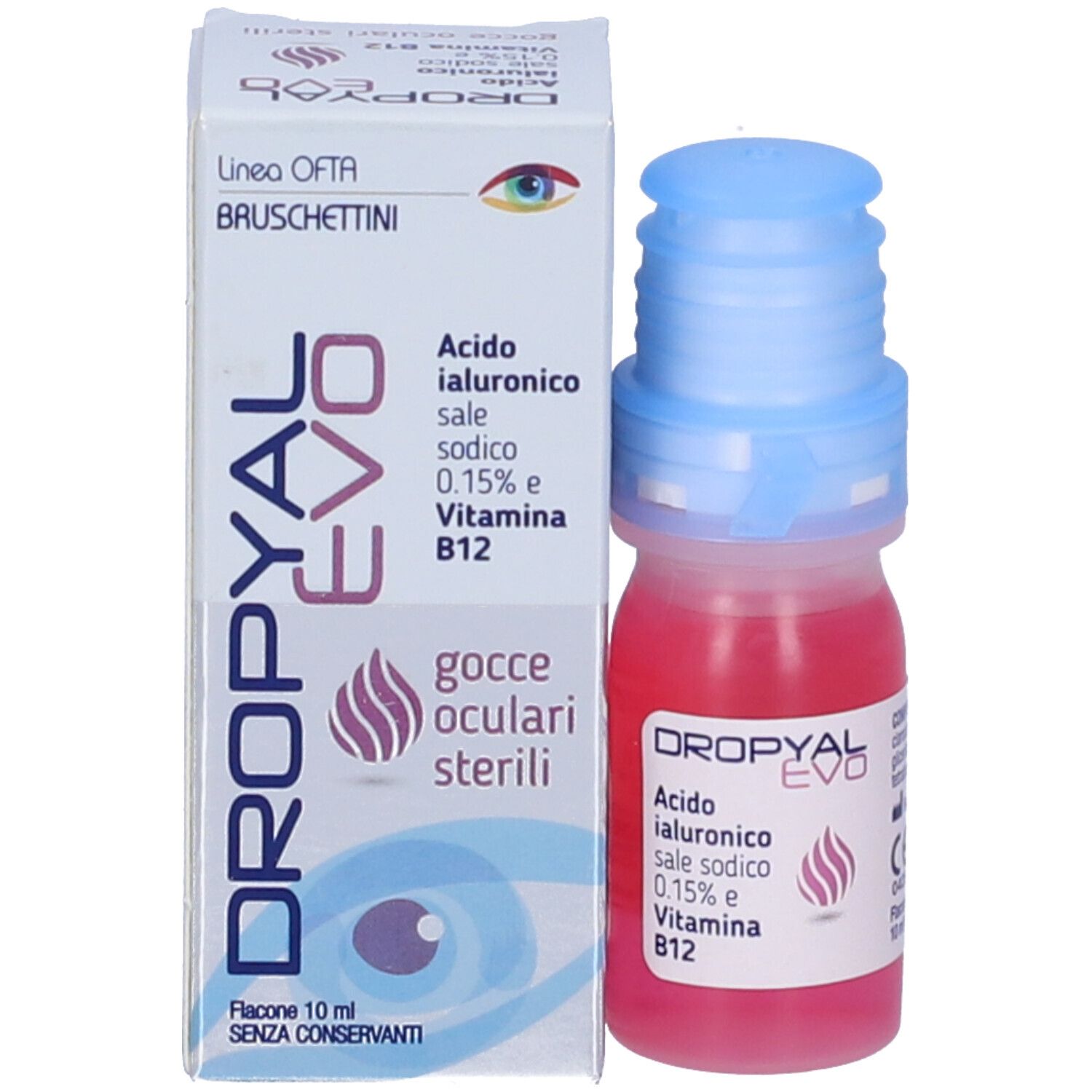 Scatola e flacone Dropyal Evo Gocce Oculari Sterili. Flacone con liquido rosso e tappo blu.