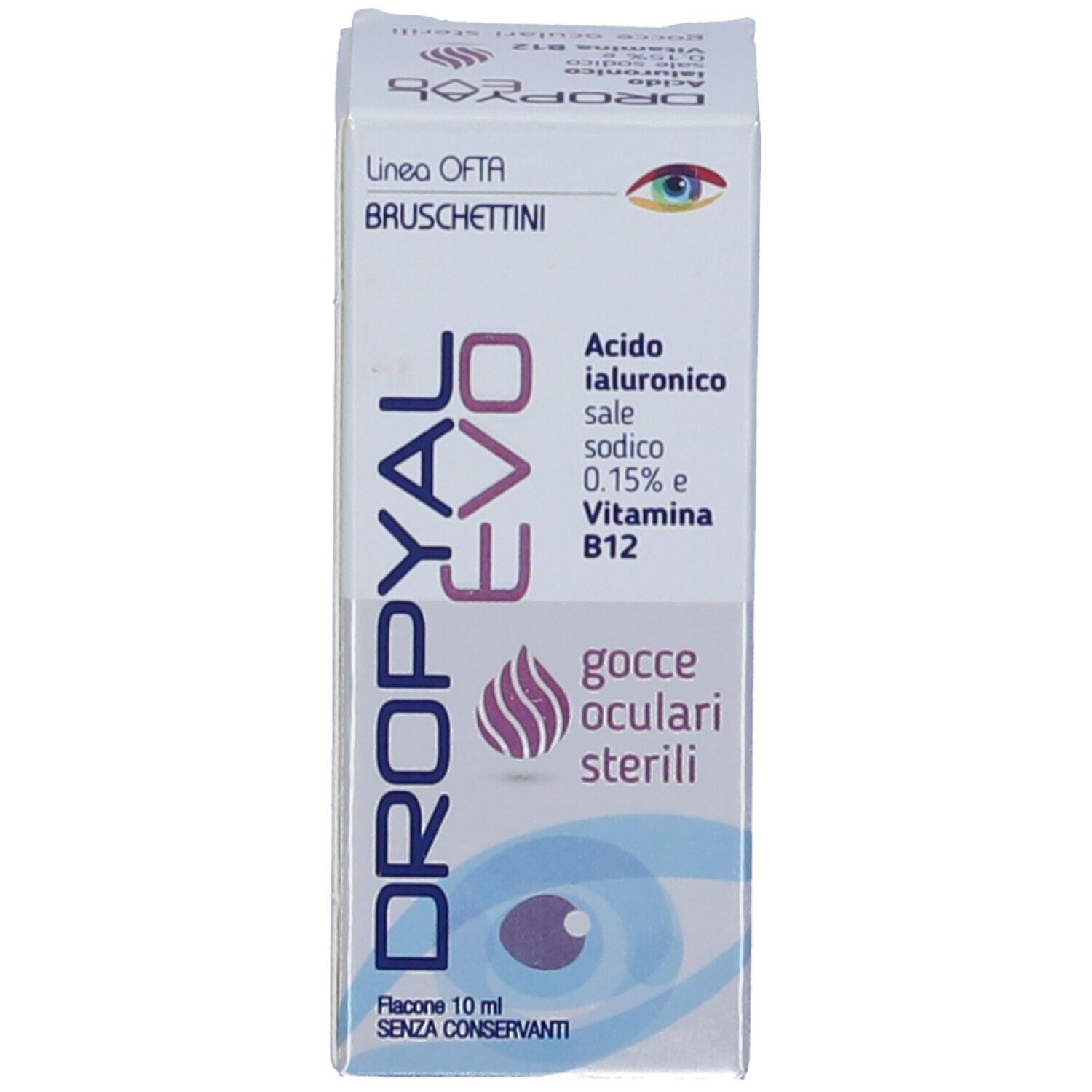 Scatola di Dropyal Evo Gocce Oculari Sterili. Contiene informazioni sugli ingredienti e il marchio. Bianca, blu e rosa.