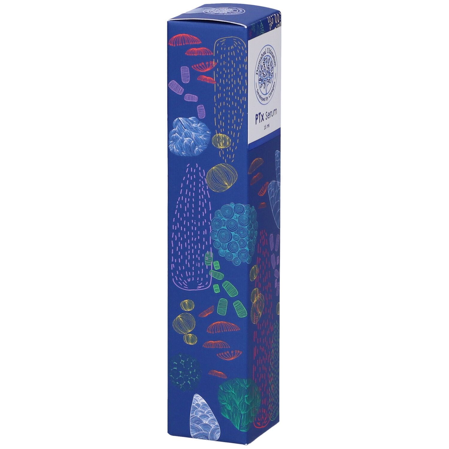 Confezione blu con motivi floreali. "PTx Serum 15 ml" e logo. Scritta "Dermabheal Ultimates".