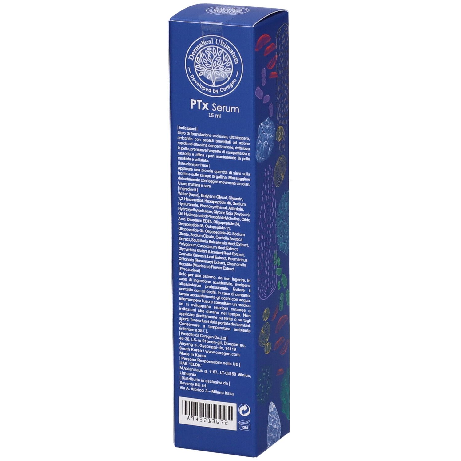 Confezione blu con testo e motivi floreali. "PTx Serum 15 ml". Testo in italiano.