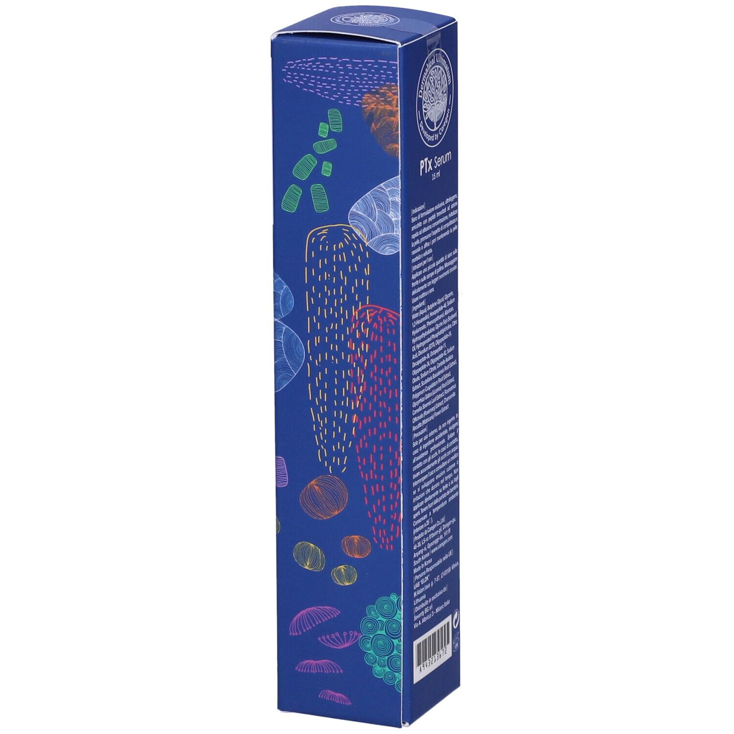 Confezione blu con testo e motivi floreali. "PTx Serum 15 ml". Testo in italiano.