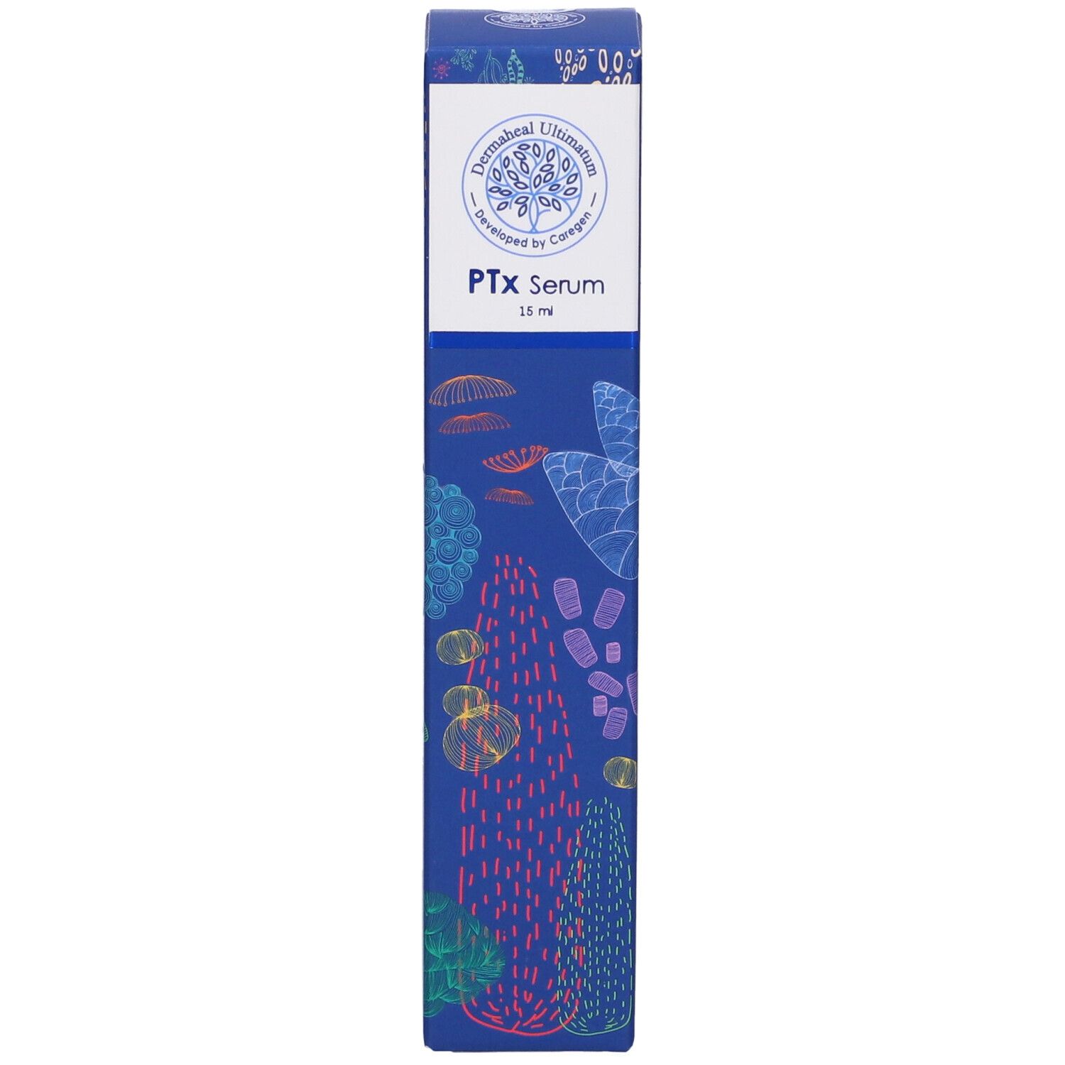 Confezione blu con motivi floreali. "PTx Serum 15 ml" e logo. Scritta "Dermabheal Ultimates".
