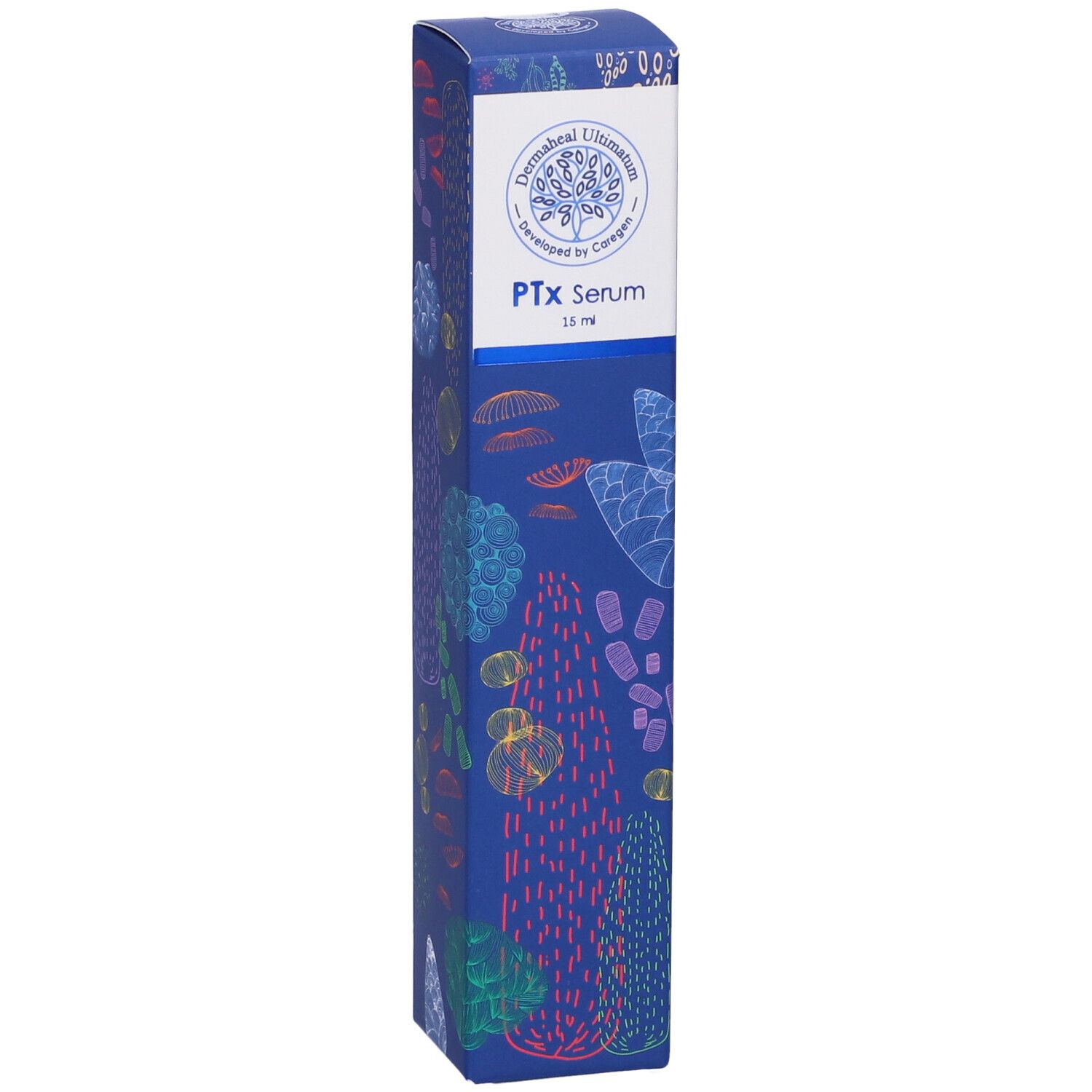 Confezione blu con motivi floreali. "PTx Serum 15 ml" e logo. Scritta "Dermabheal Ultimates".