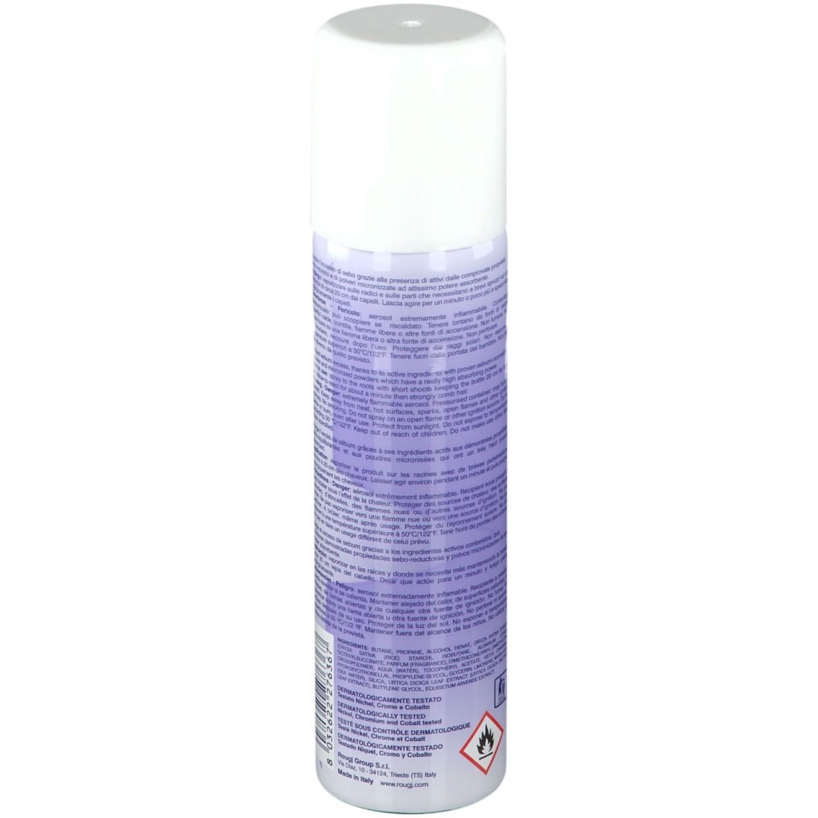 Spray shampoo secco, retro con testo. Tappo bianco, dettagli viola. Avvertenze e simboli.