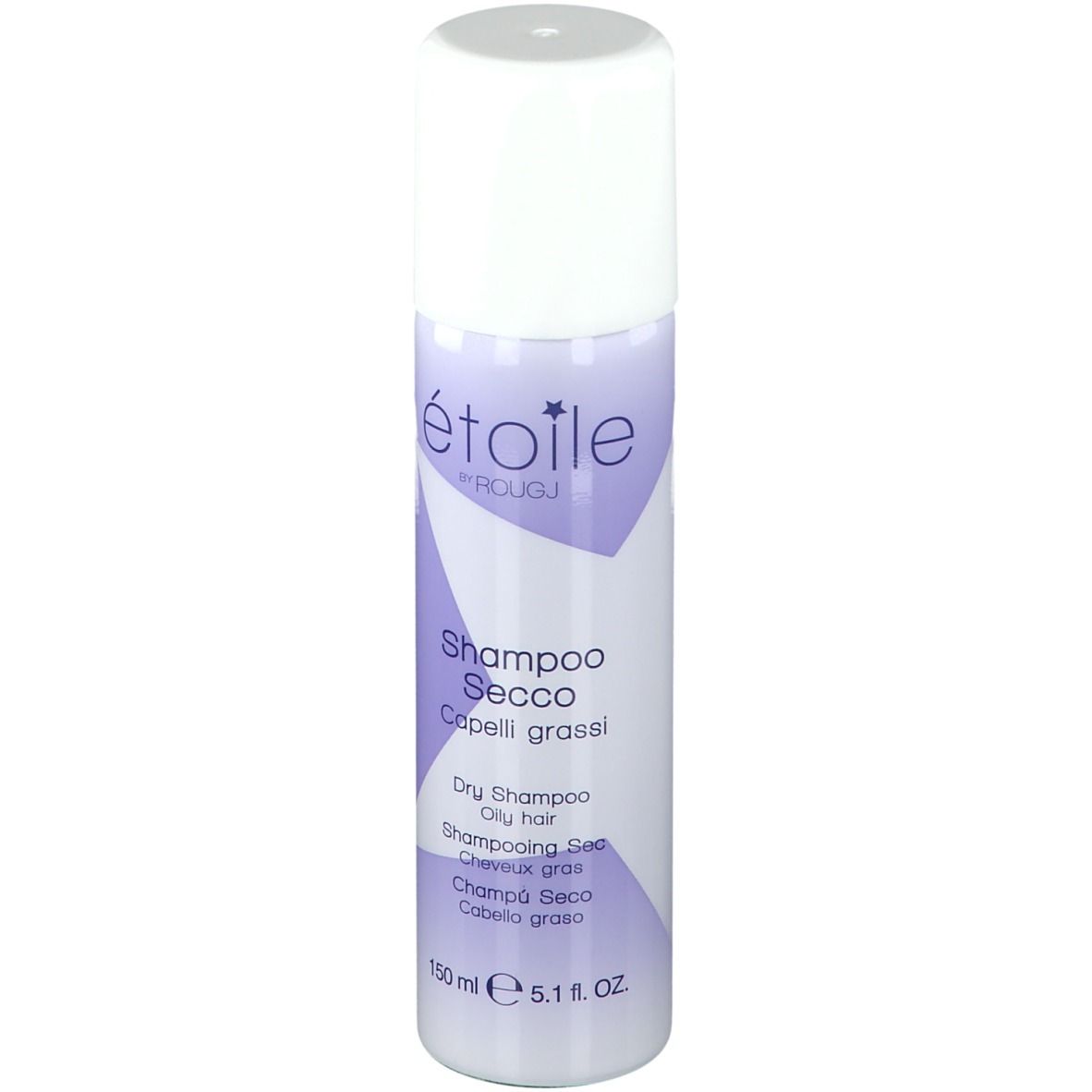 Spray shampoo secco, tappo bianco, dettagli viola. Testo: Étoile by Rougj, Shampoo Secco, 150 ml.