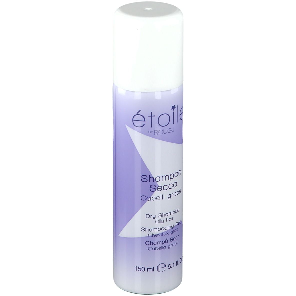 Spray shampoo secco, tappo bianco, dettagli viola. Testo: Étoile by Rougj, Shampoo Secco, 150 ml.