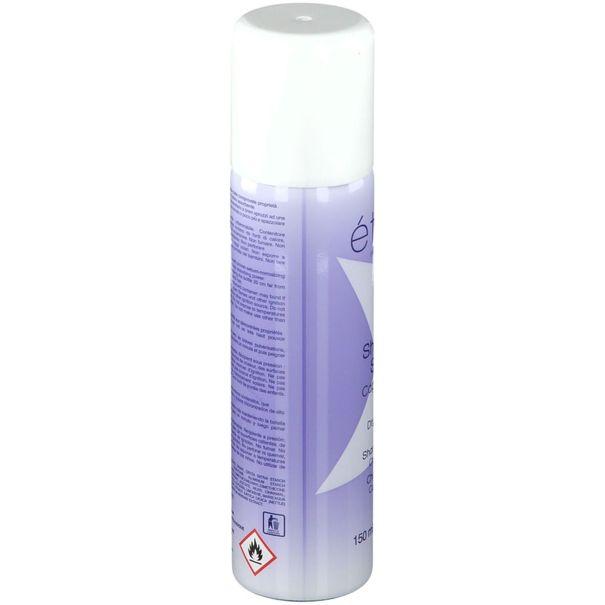 Spray shampoo secco, retro con testo. Tappo bianco, dettagli viola. Avvertenze e simboli.