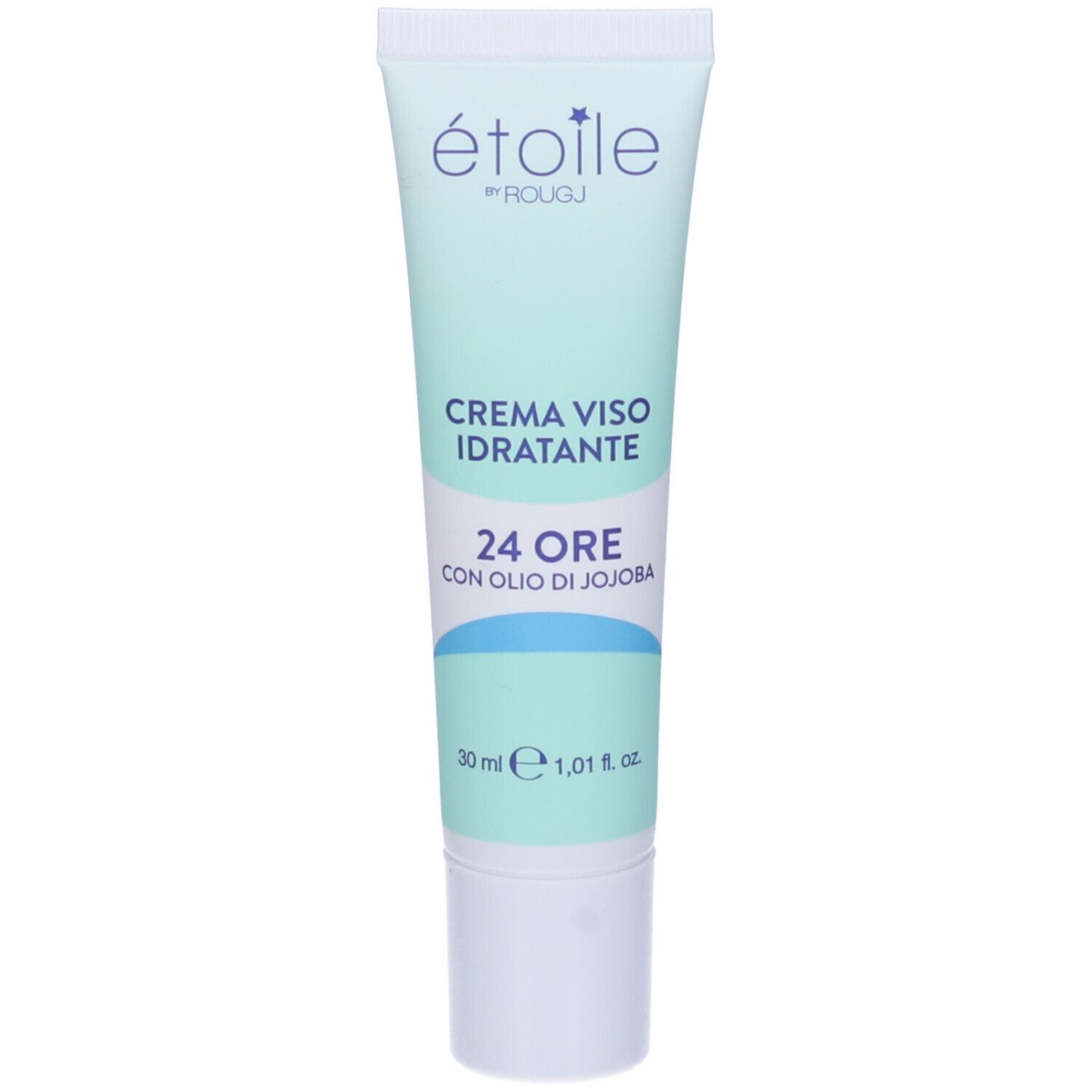 Tubo crema idratante, bianco-azzurro. Testo: Étoile by Rougj, Crema Viso Idratante, 24 Ore con Olio di Jojoba. 30 ml.