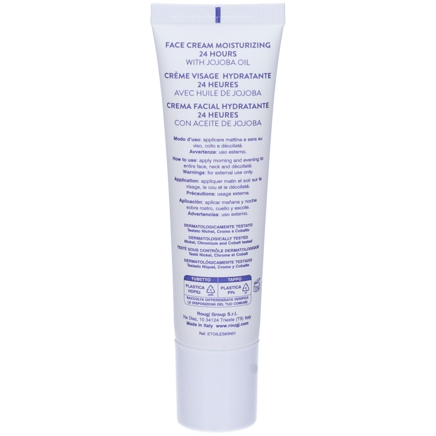Retro del tubo di crema. Testo: Face Cream Moisturizing 24 Hours with Jojoba Oil. Crème Visage Hydratante 24 Heures.