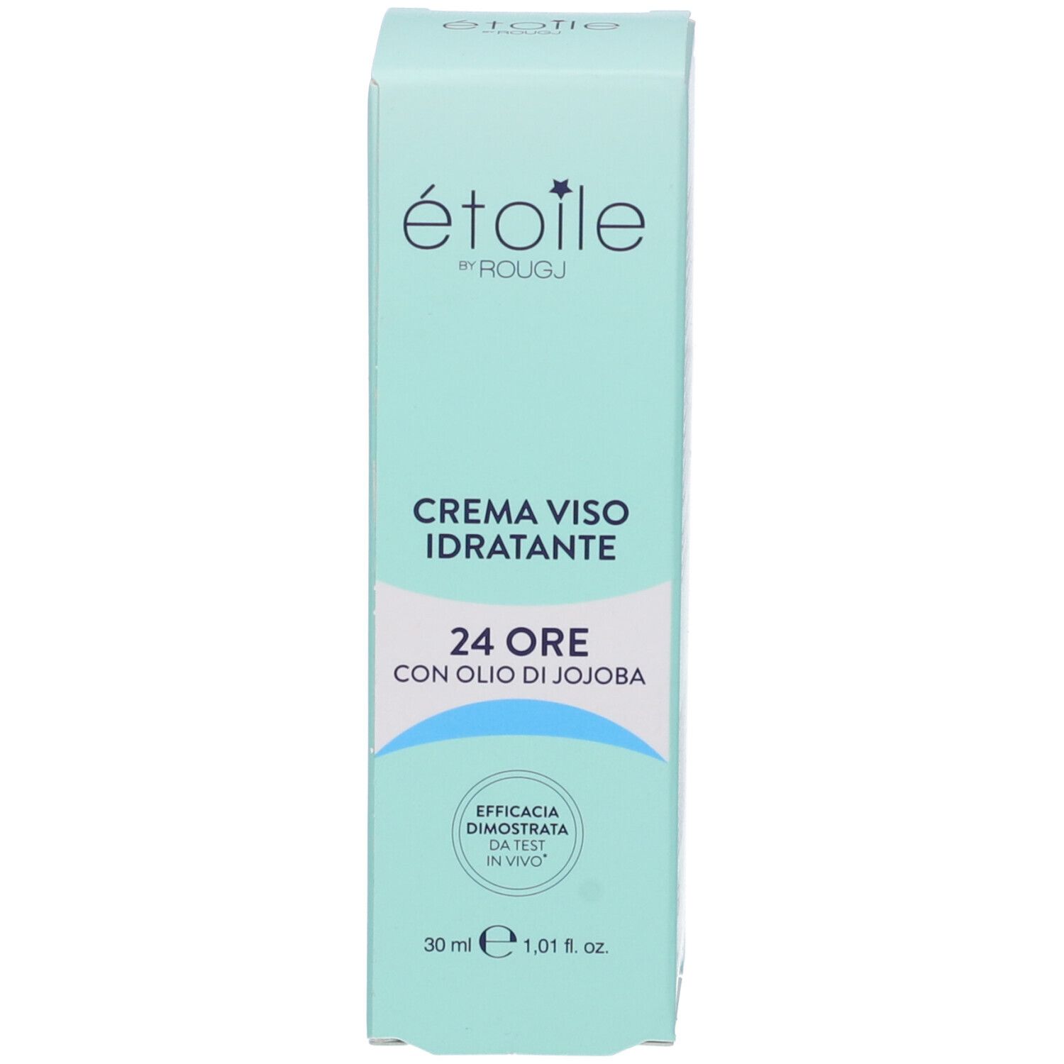 Confezione prodotto, azzurra. Testo: Étoile by Rougj, Crema Viso Idratante, 24 Ore con Olio di Jojoba. 30 ml. Efficacia dimostrata da test in vivo.