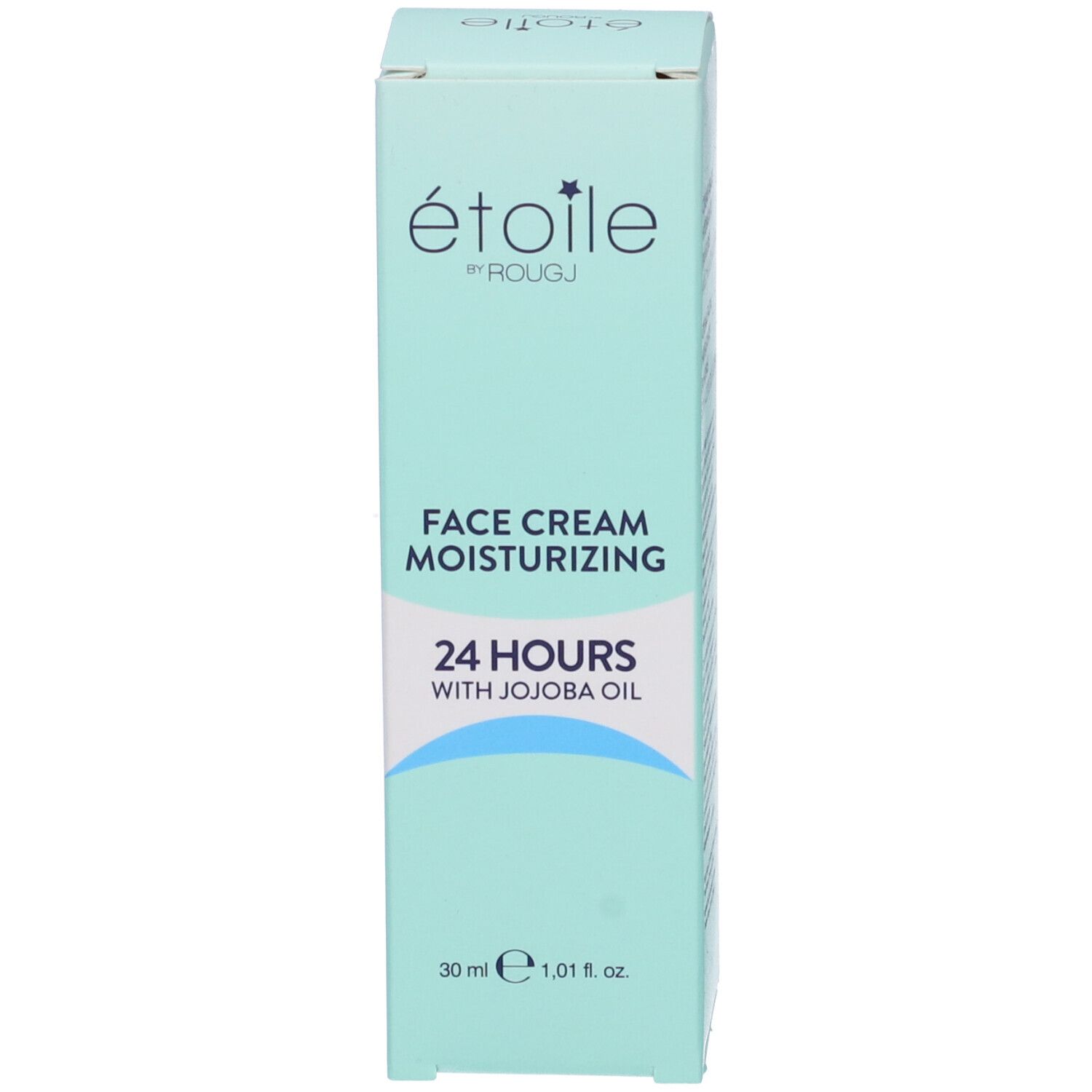Confezione prodotto, azzurra. Testo: Étoile by Rougj, Face Cream Moisturizing 24 Hours with Jojoba Oil. 30 ml.