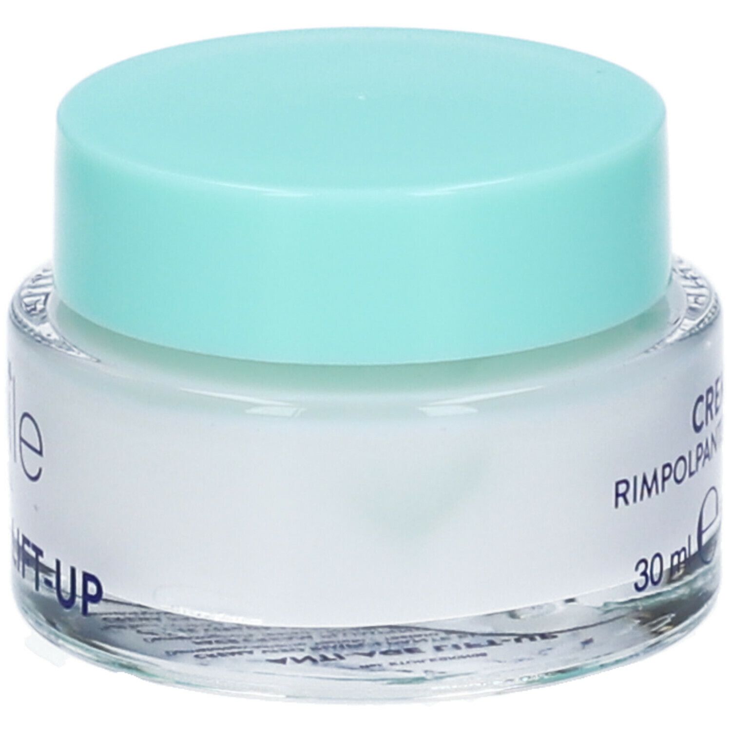 Creme-Glas mit türkis Deckel. Schriftzug: Crema Viso, 30 ml.