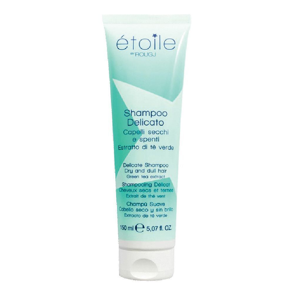 Eine mintgrüne Tube mit weißem Verschluss, die „Shampoo Delicato“ für trockenes und glanzloses Haar mit Grüntee-Extrakt enthält.