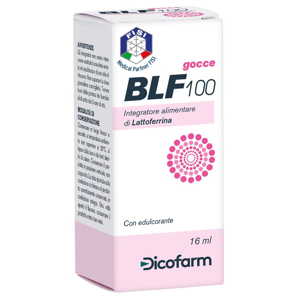 Confezione BLF100, 16 ml. Marchio Dicofarm. Logo e testo visibili sulla confezione.