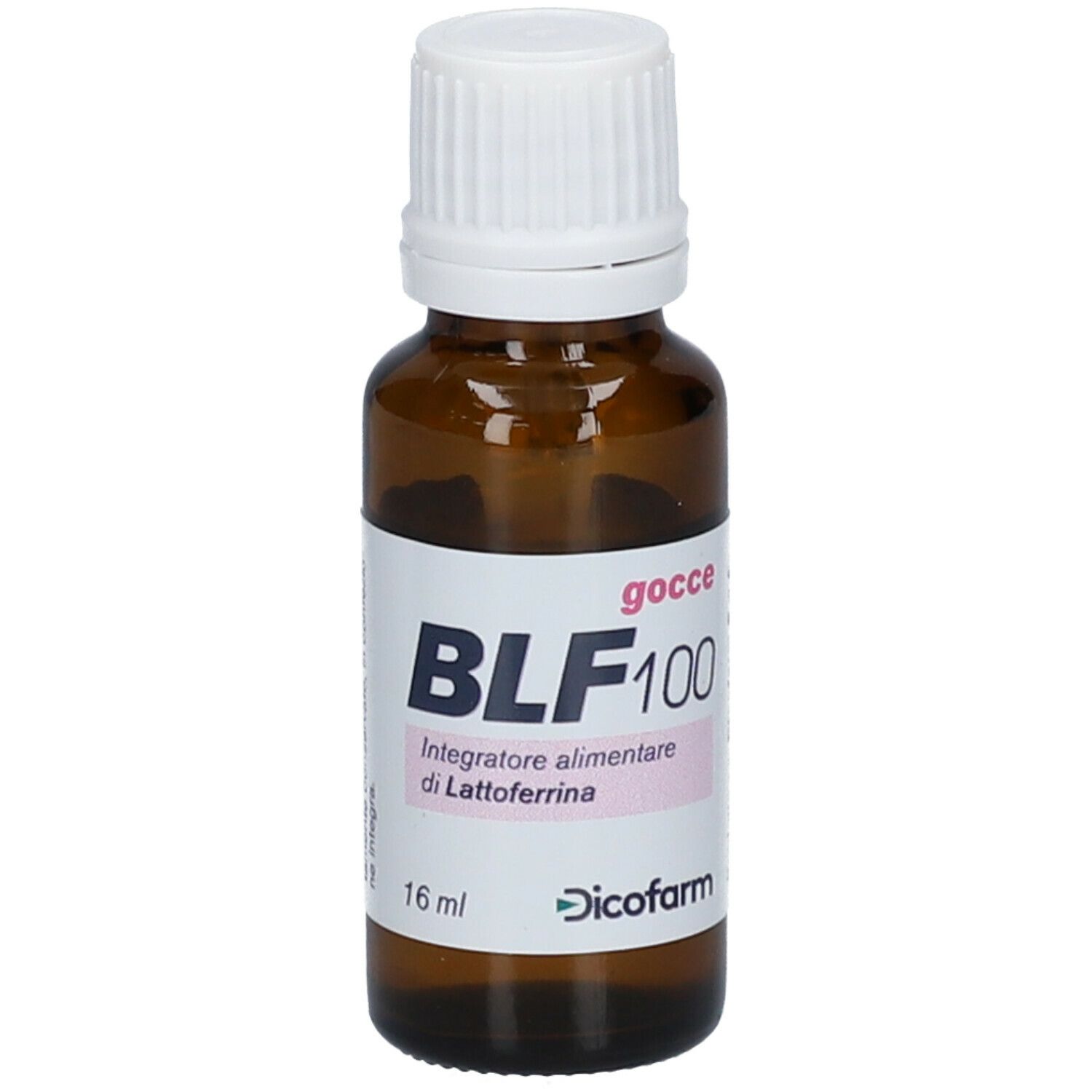 Flacone di vetro marrone, tappo bianco. Etichetta BLF100, 16 ml. Dicofarm.