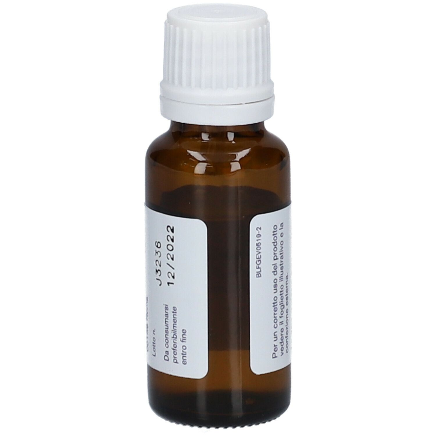 Flacone di vetro marrone, tappo bianco. Etichetta BLF100, 16 ml. Dicofarm.