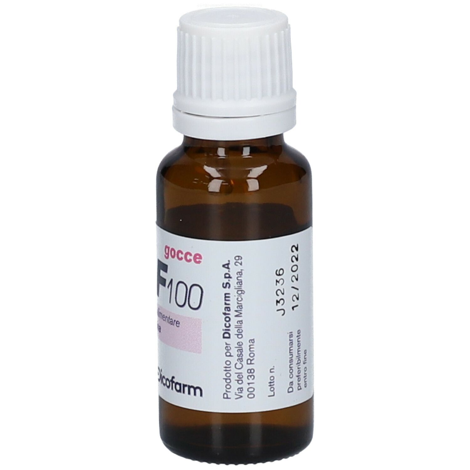 Flacone di vetro marrone, tappo bianco. Etichetta BLF100, 16 ml. Dicofarm.