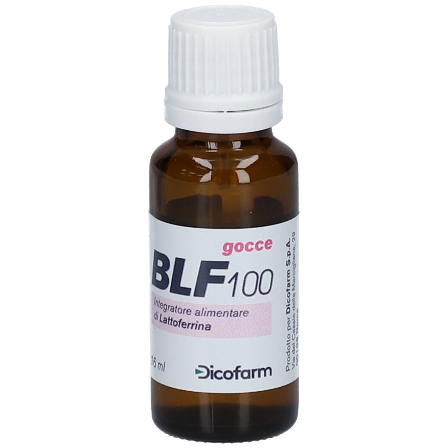 Flacone di vetro marrone, tappo bianco. Etichetta BLF100, 16 ml. Dicofarm.