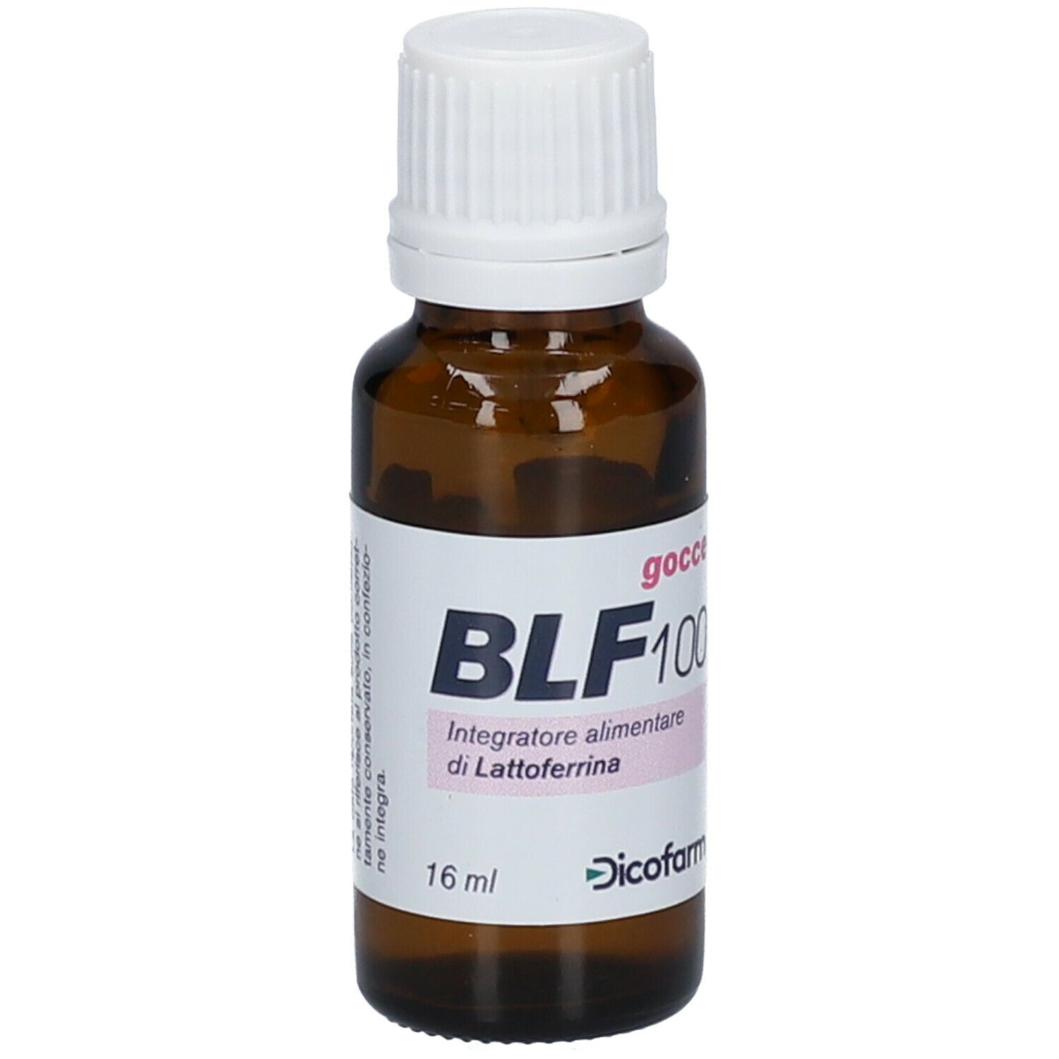 Flacone di vetro marrone, tappo bianco. Etichetta BLF100, 16 ml. Dicofarm.