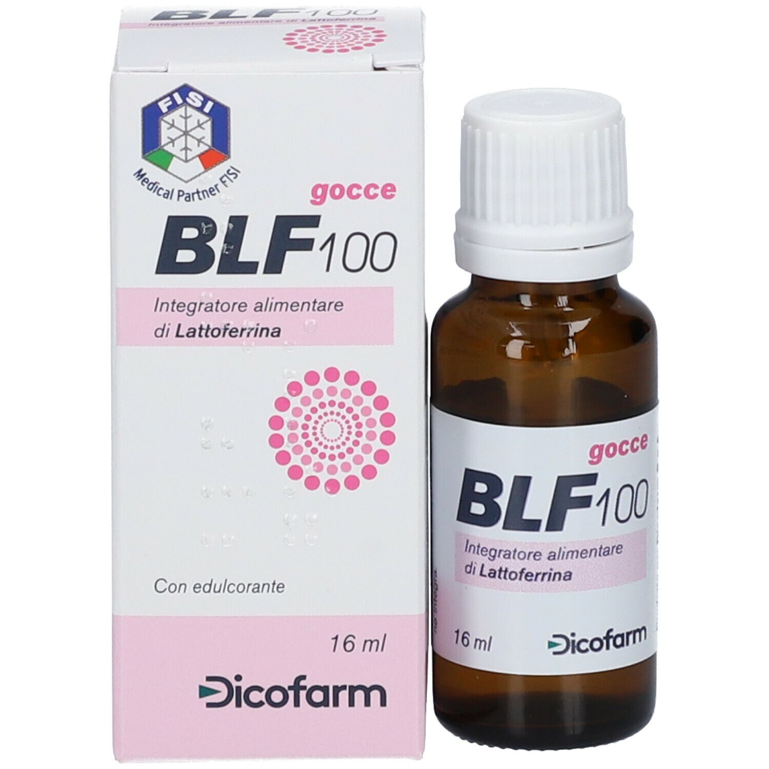Confezione e flacone. Flacone BLF100, 16 ml. Marchio Dicofarm.