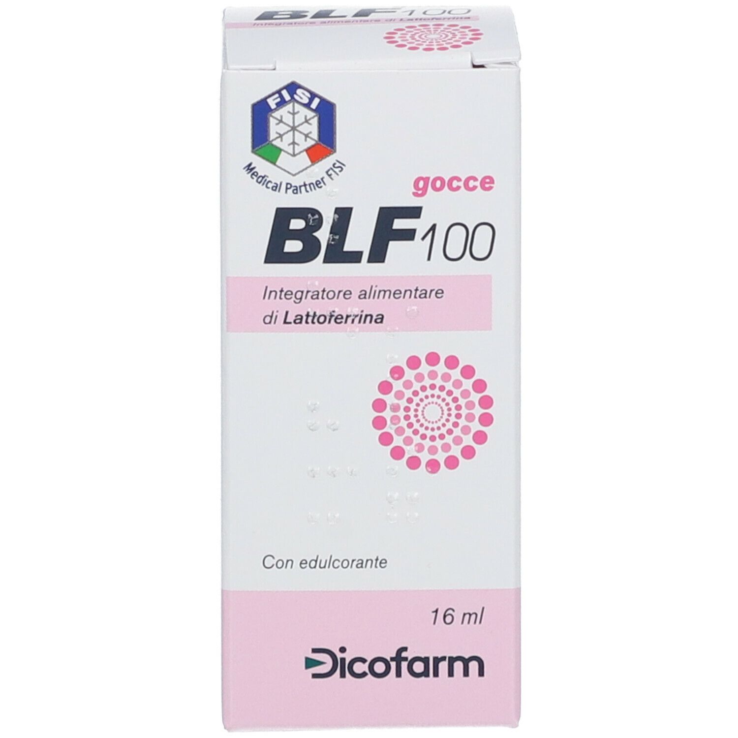 Confezione BLF100, 16 ml. Marchio Dicofarm. Logo e testo visibili sulla confezione.