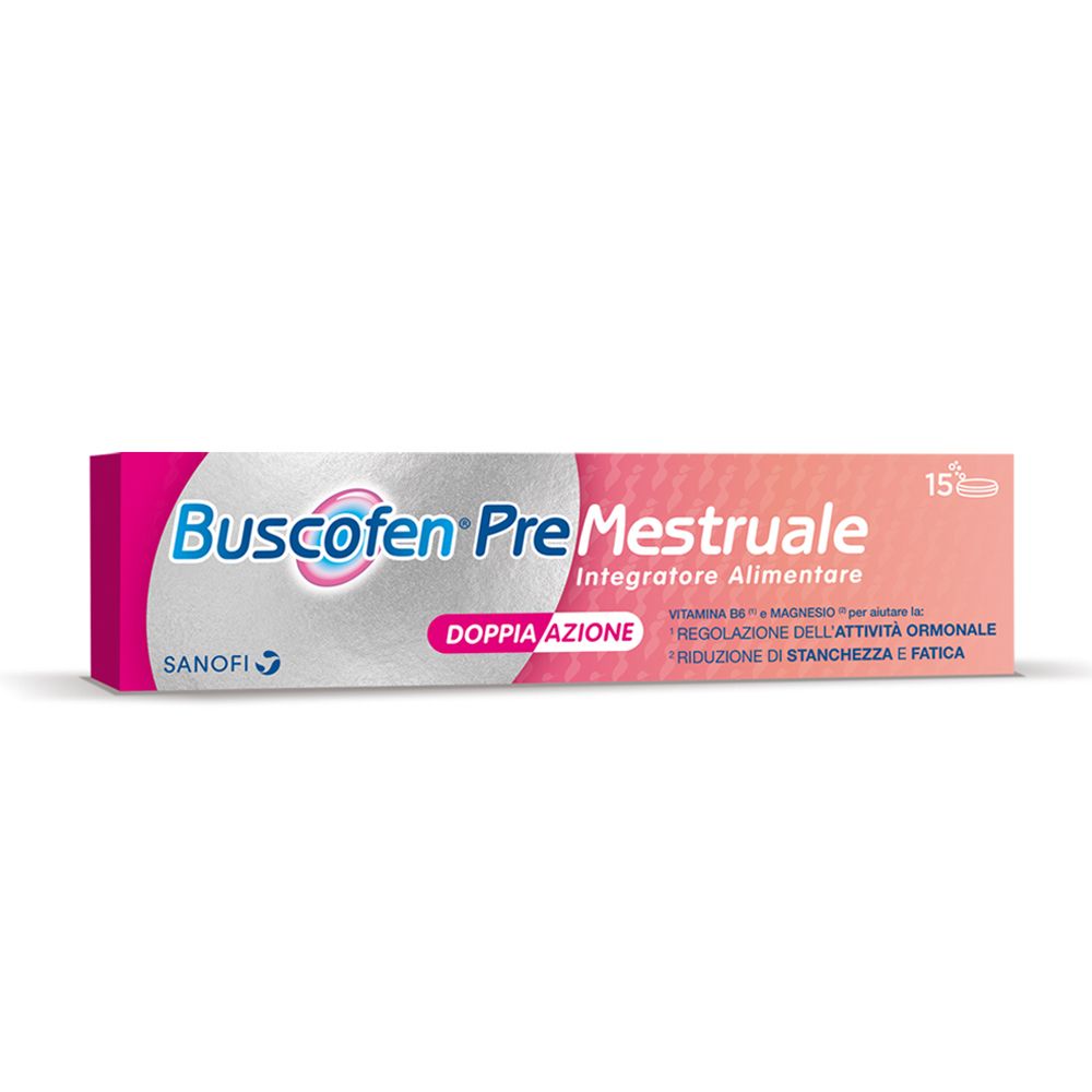 Scatola rosa Buscofen PreMestruale. Testo: Sanofi, Doppia Azione, 15 capsule.