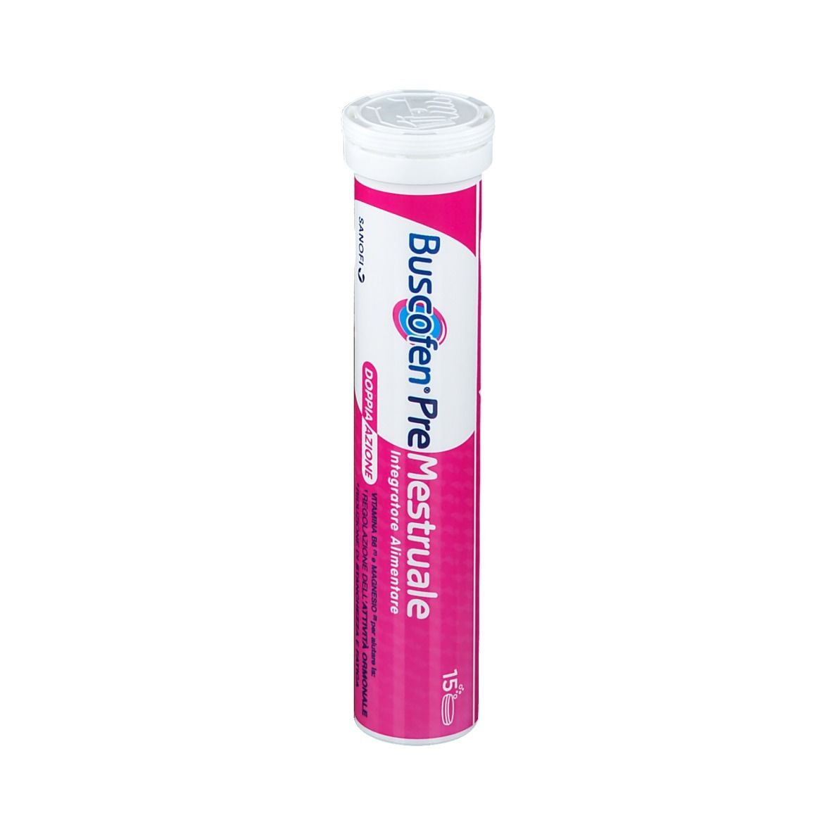 Tubo cilindrico Buscofen PreMestruale. Coperchio bianco, sfondo rosa.