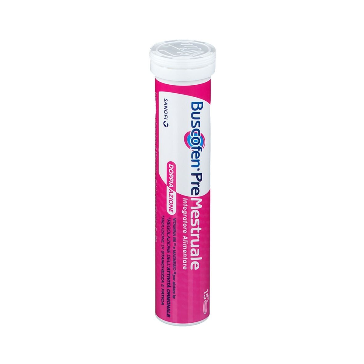 Tubo Buscofen PreMestruale, 15 compresse. Rosa e bianco.