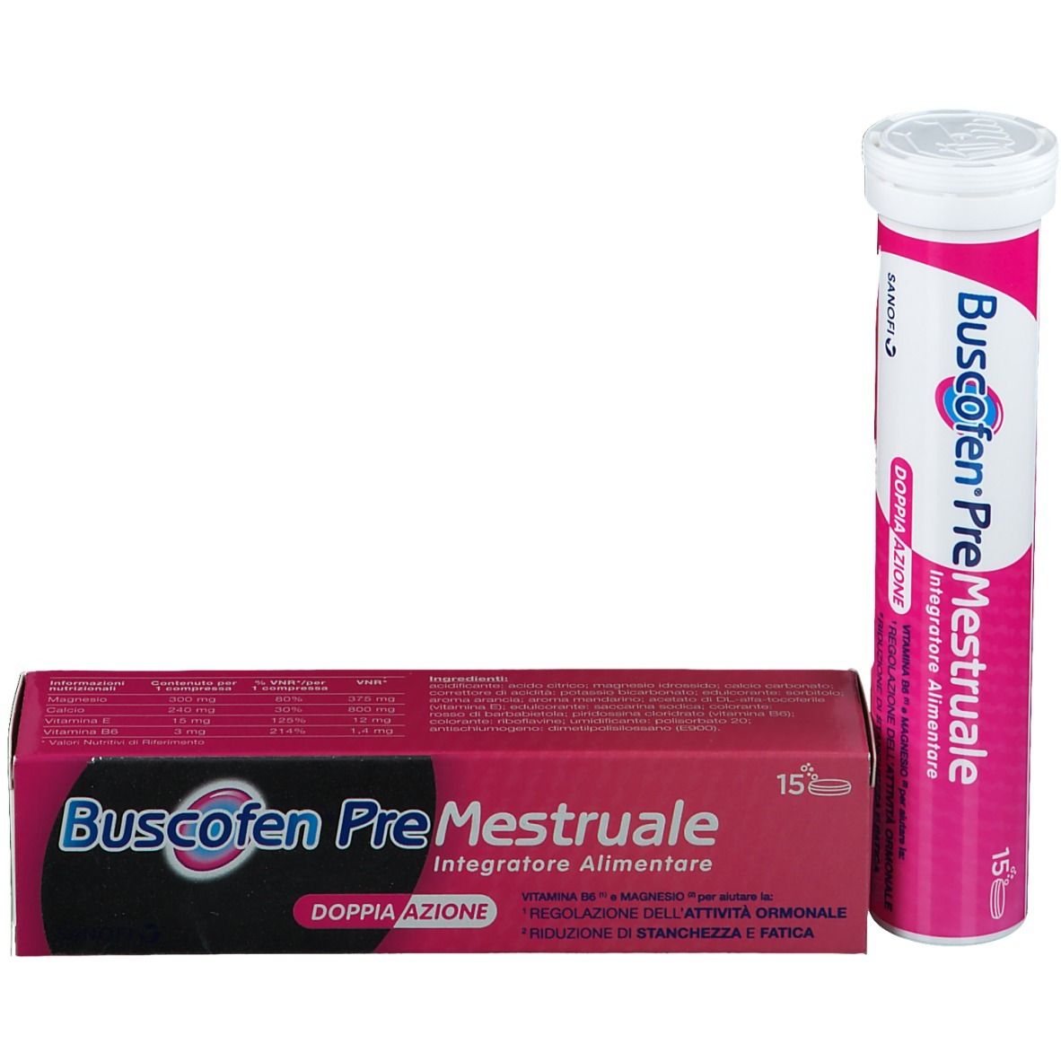 Confezione e tubo Buscofen PreMestruale. 15 compresse.