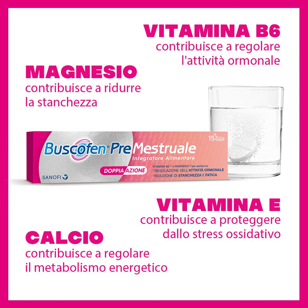 Infografica ingredienti: Magnesio, Vitamina B6, Vitamina E, Calcio. Buscofen PreMestruale.