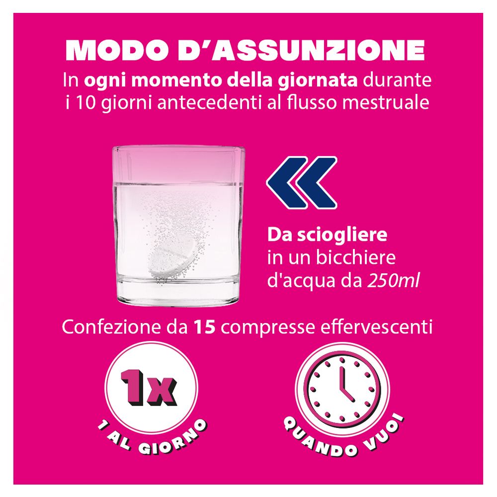 Bicchiere con compressa. Testo: Modo d'uso: 1 compressa al giorno, sciogliere in 250ml d'acqua.
