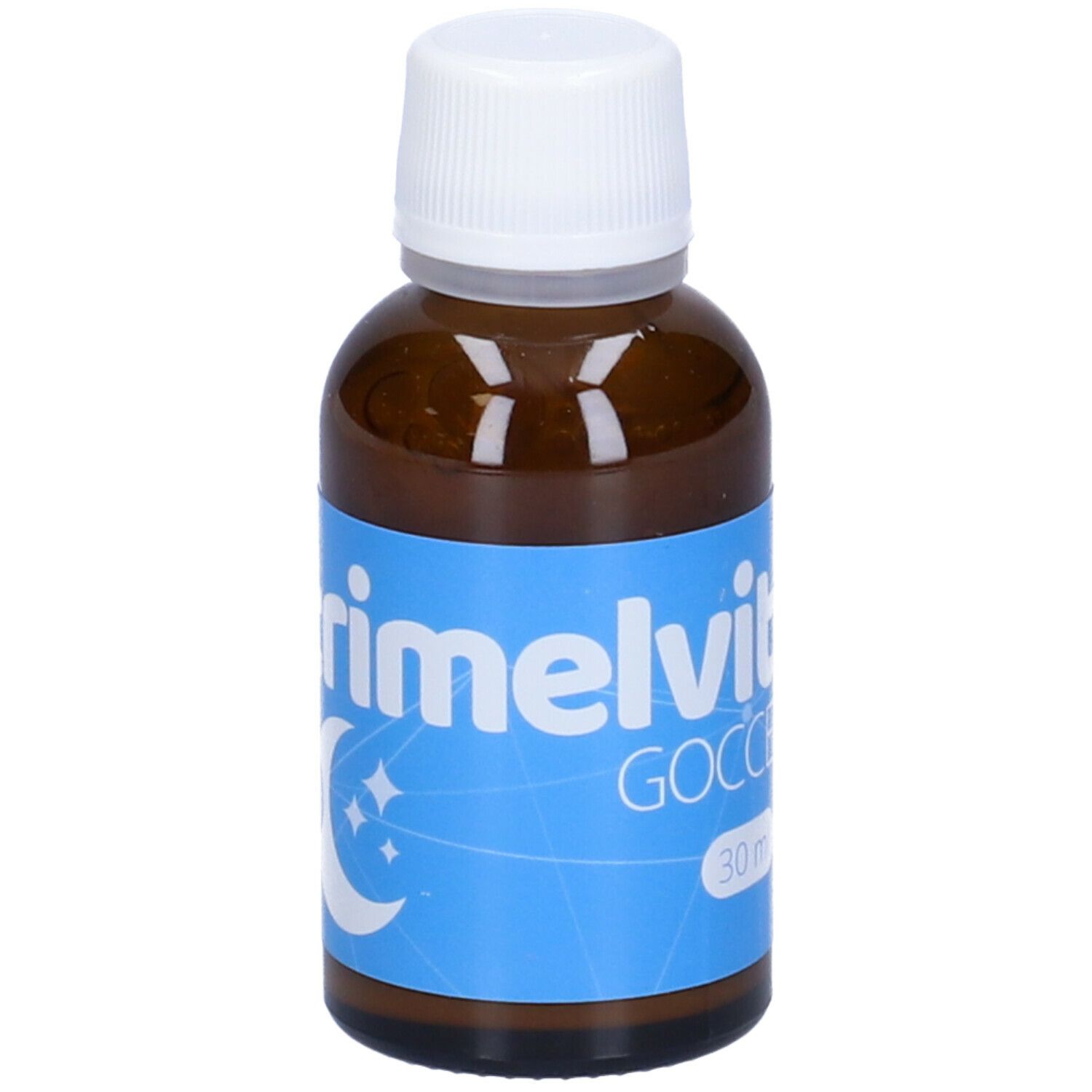 Flacone in vetro marrone con tappo bianco. Etichetta con nome prodotto e simbolo luna-stelle. 30 ml.