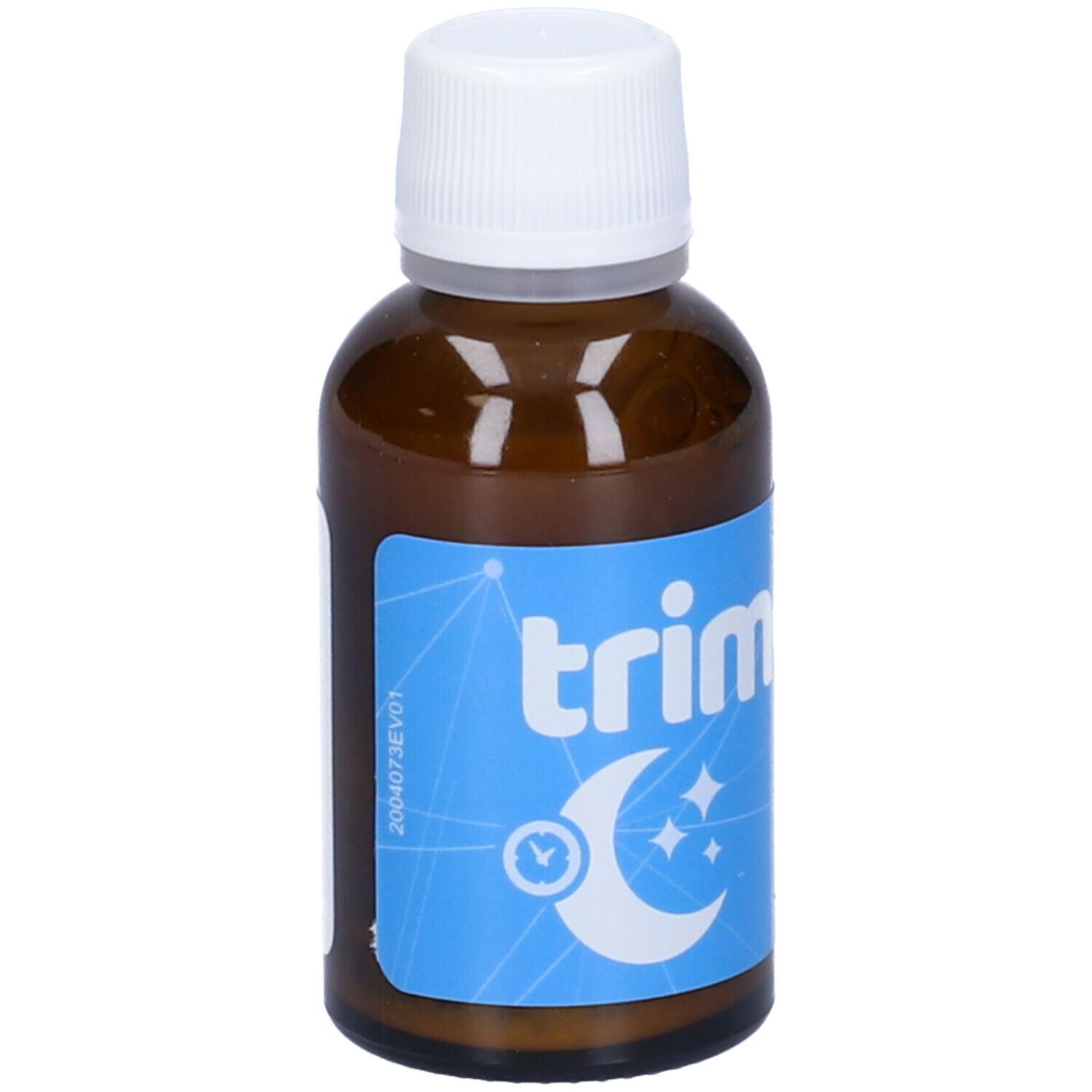 Flacone in vetro marrone con tappo bianco. Etichetta blu con nome prodotto e simbolo luna-stelle. 30 ml.