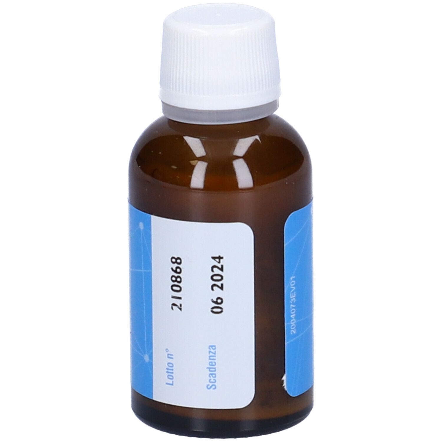 Flacone in vetro marrone con tappo bianco. Etichetta blu con numero di lotto e scadenza. 30 ml.