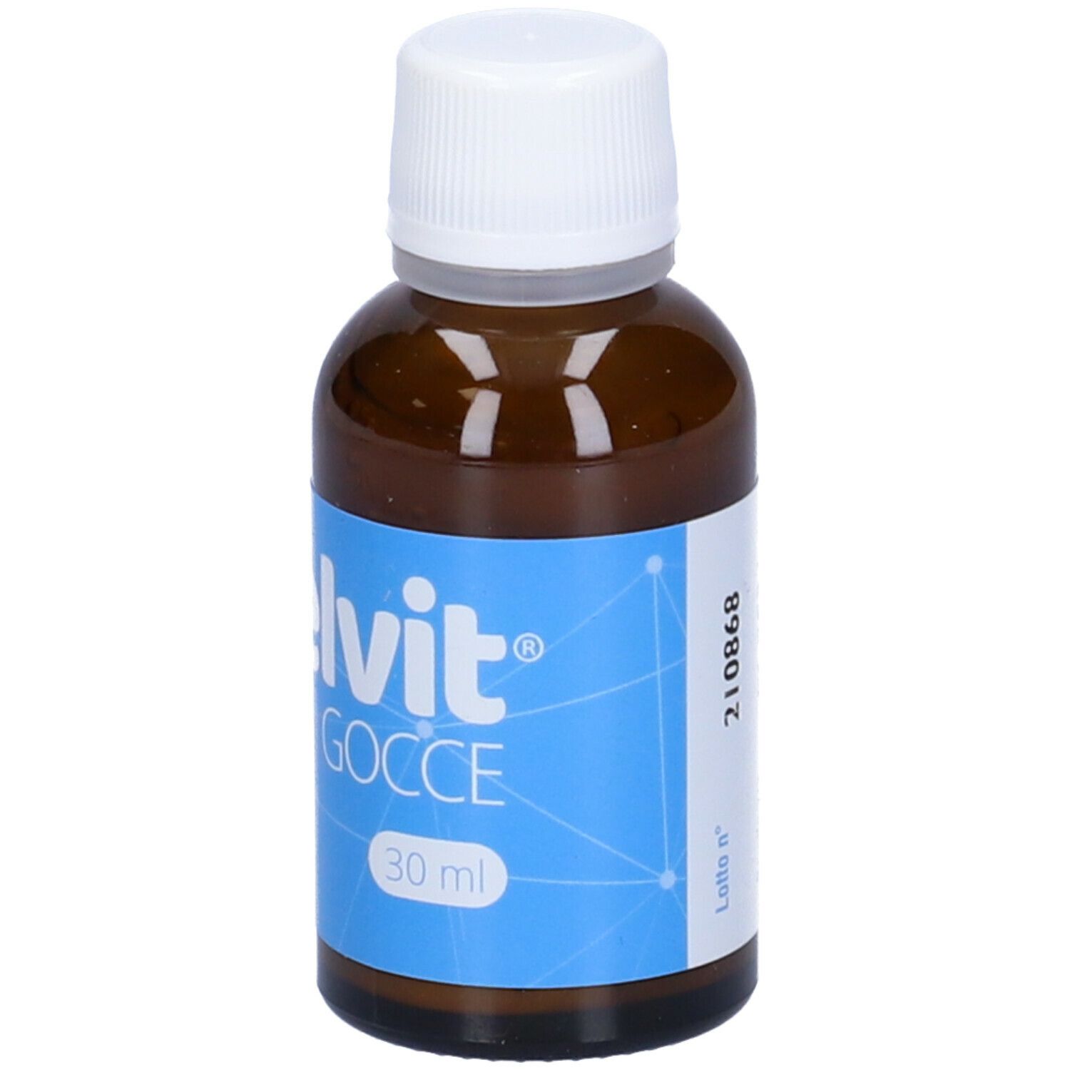 Flacone in vetro marrone con tappo bianco. Etichetta blu con nome prodotto e 30 ml. Numero di lotto.