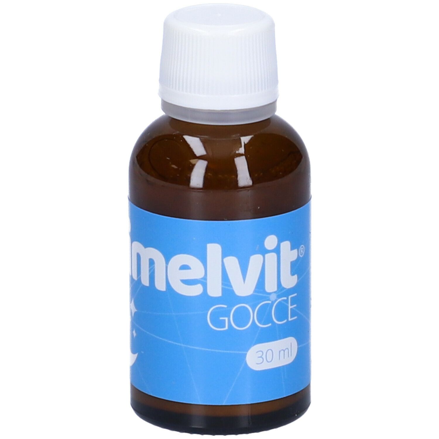 Flacone in vetro marrone con tappo bianco. Etichetta blu con nome prodotto e 30 ml.
