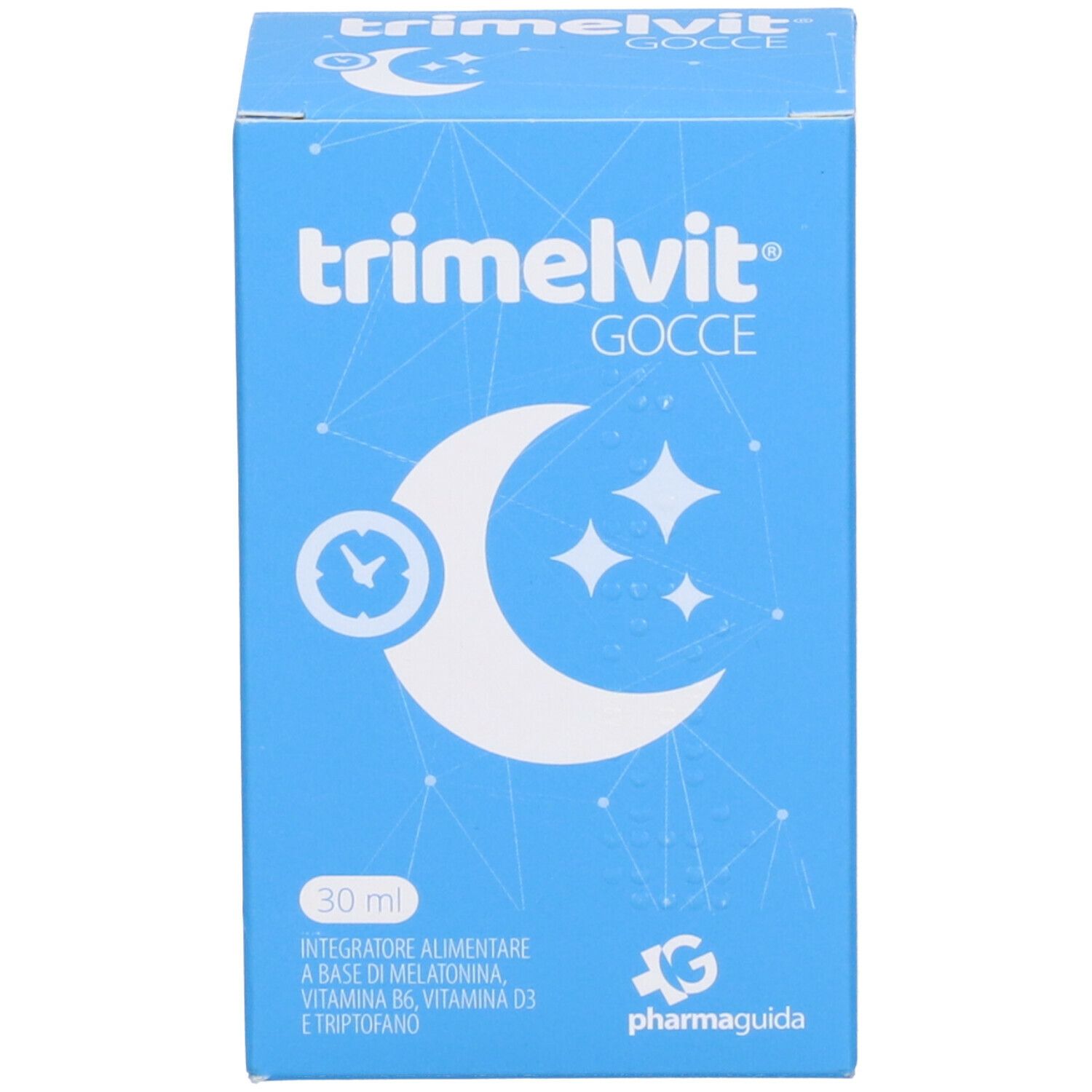 Scatola blu con nome prodotto, simbolo luna-stelle e 30 ml. Contiene informazioni sul prodotto.