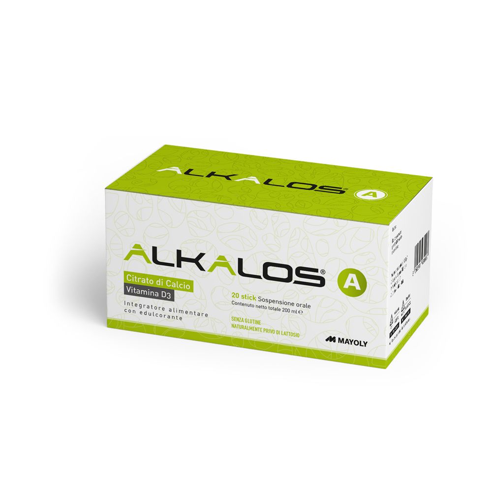 Scatola bianca e verde con nome del prodotto e ingredienti. Contiene 20 stick. Marchio: Alkalos A.
