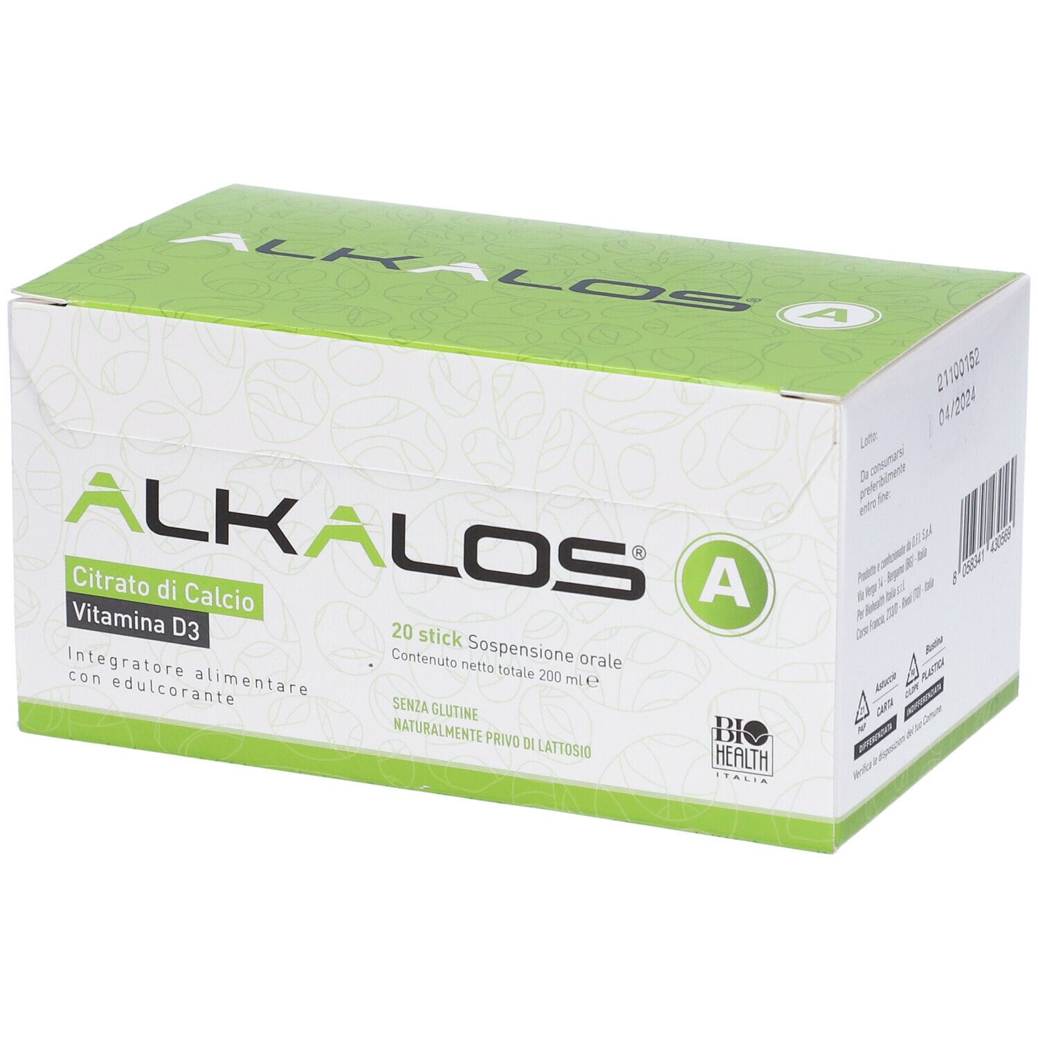 Scatola verde e bianca con nome del prodotto e ingredienti. Contiene 20 stick. Marchio: Alkalos A. Bio Health Italia.